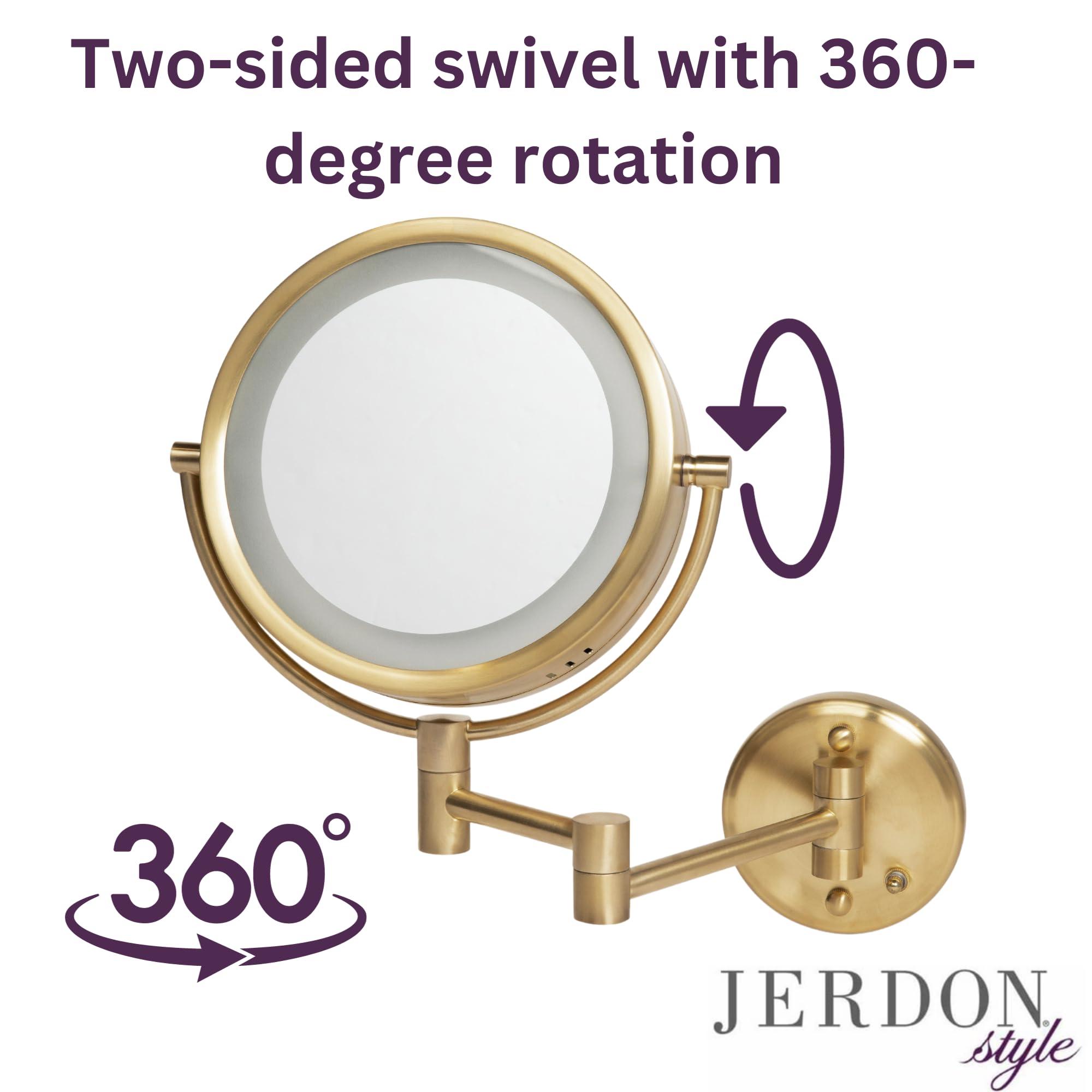 JERDON JERDON Wall-Mounted Makeup Mirror with Lights - Direct Wire Lighted Makeup Mirror with 8X Magnification - 8.5-inch Diameter Mirror with Gold Finish Wall Mount - Model HL75BGD