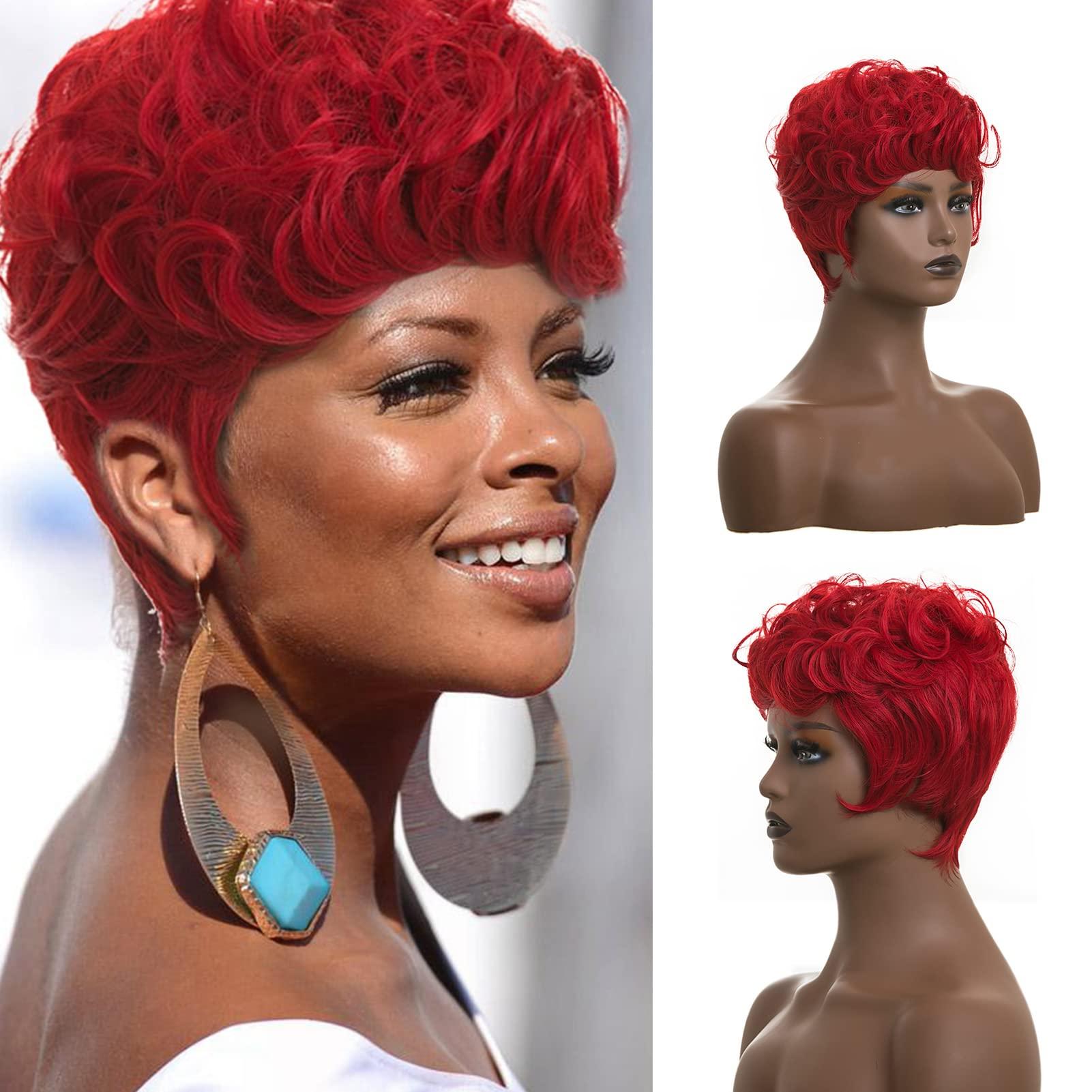 BingSing Red Pixie Wig for Women Natural Wavy Hair Pixie Cut Wigs with Bangs Red Pixie Wig Burgundy Short Red Pixie Wig Short Curly Red Wig for Black Women Synthetic Hair Pixie Cut Wig for Black Women (Red)