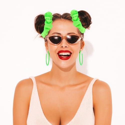 Lusofie 4 Pack 80s Neon Hair Scrunchies,Green Neon Earrings & Elastic Hair Scrunchy Set, Large Neon Scrunchies & Circle Style Earrings for Women Girl Halloween Party Decorations (Fluorescent Green)