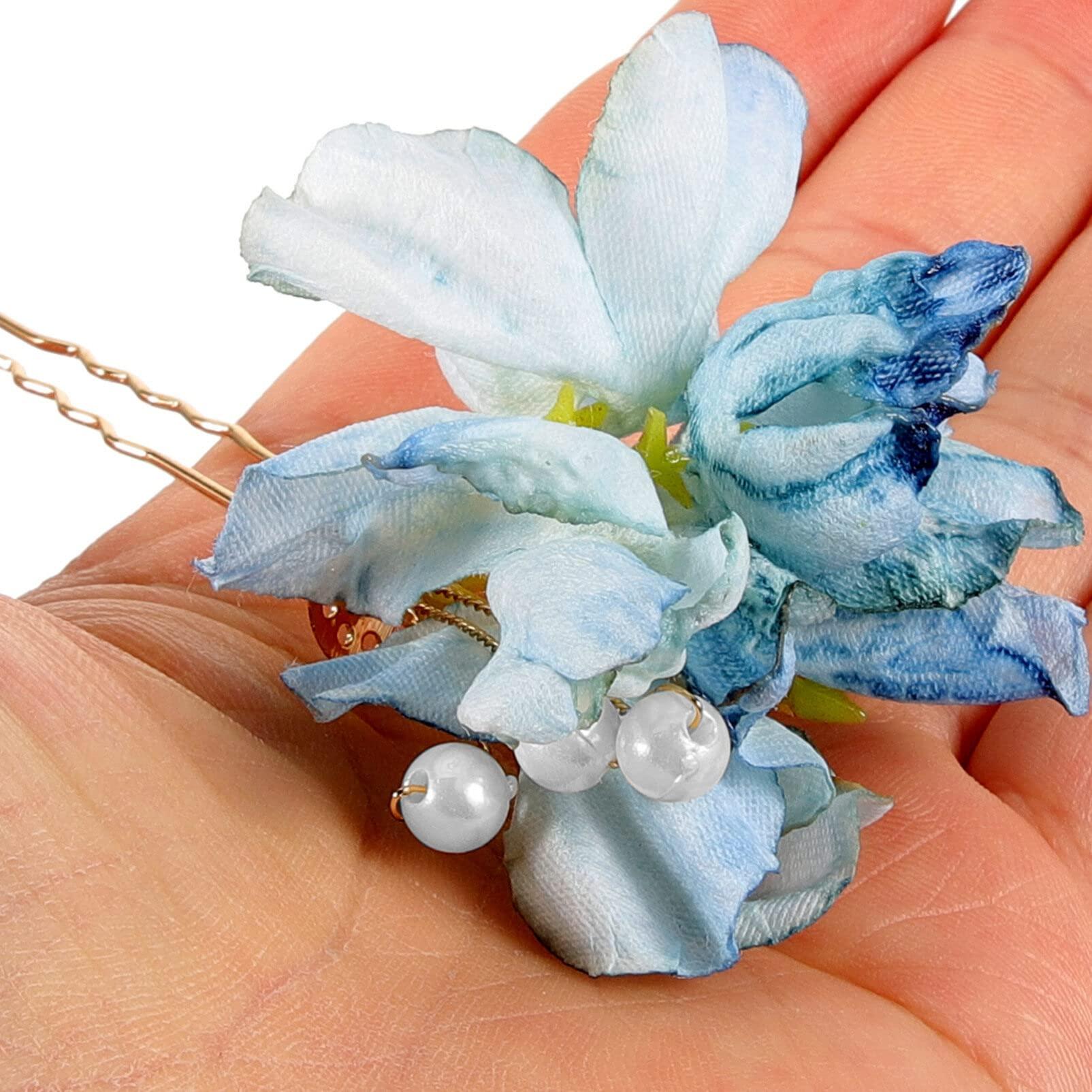 USHOBE 2pcs Piece Blue Flower Hair Fork Pearl Headpiece Blue Hair Pins Hair Pearls Floral Hair Pins Wedding Hair Accessories for Brides Wedding Hair Clip Floral Hair Accessories