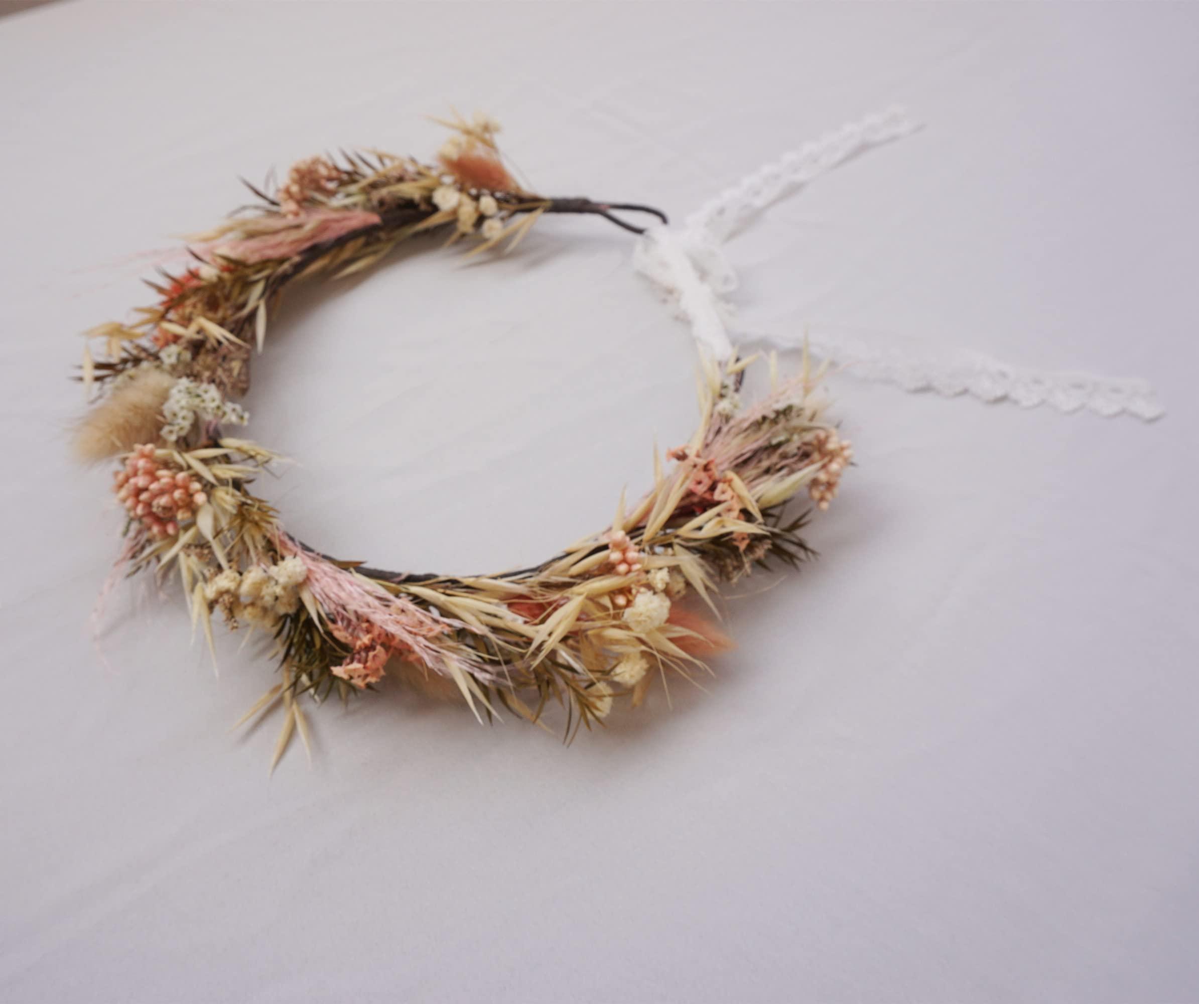 DXXD Autumn Dried Flower Crown - Darling Halo Style Headband in Organic Naturally Dried Flowers in Mustard Yellow, Blush and Cream (Adule)