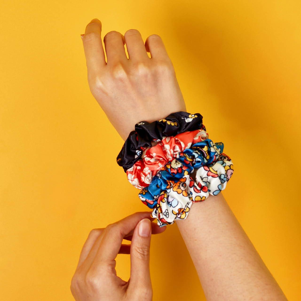 Kitsch Kitsch x BT21 Satin Scrunchies for Women - No Crease Hair Ties for Girls | Scrunchies For All Hair Types and Textures, Perfect for Day or Night - 4 Pcs