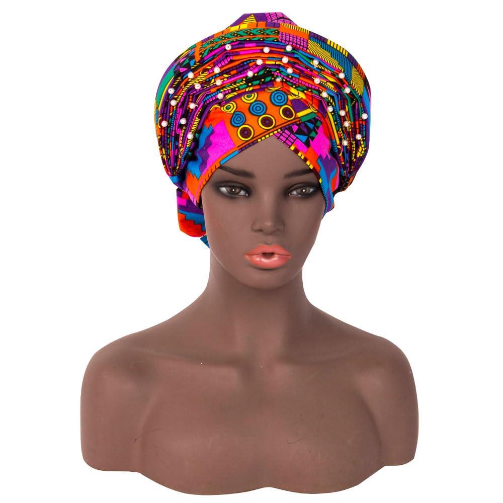 VeritableWax VeritableWax African Turban Pre-Tied Head Wrap for Black Women Cap Head Wraps Beaded Headscarf