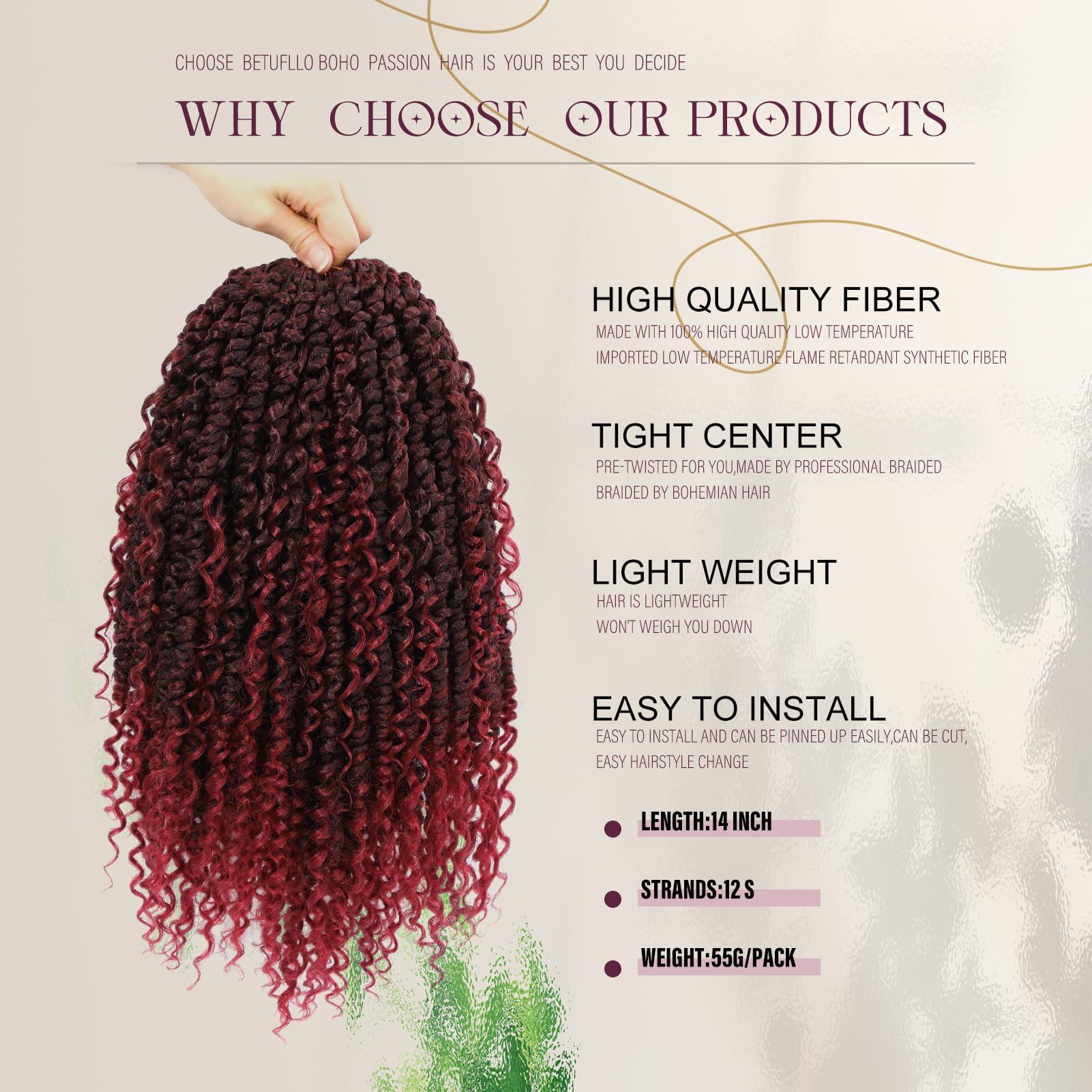 Betufllo 8 Packs Boho Passion Twist Hair With Curly Ends Goddess Passion Twist Crochet Hair 14 Inch Pre Looped Curly Ends Bohemian Synthetic Braids Hair Extensions(8 Packs, Tbug#)
