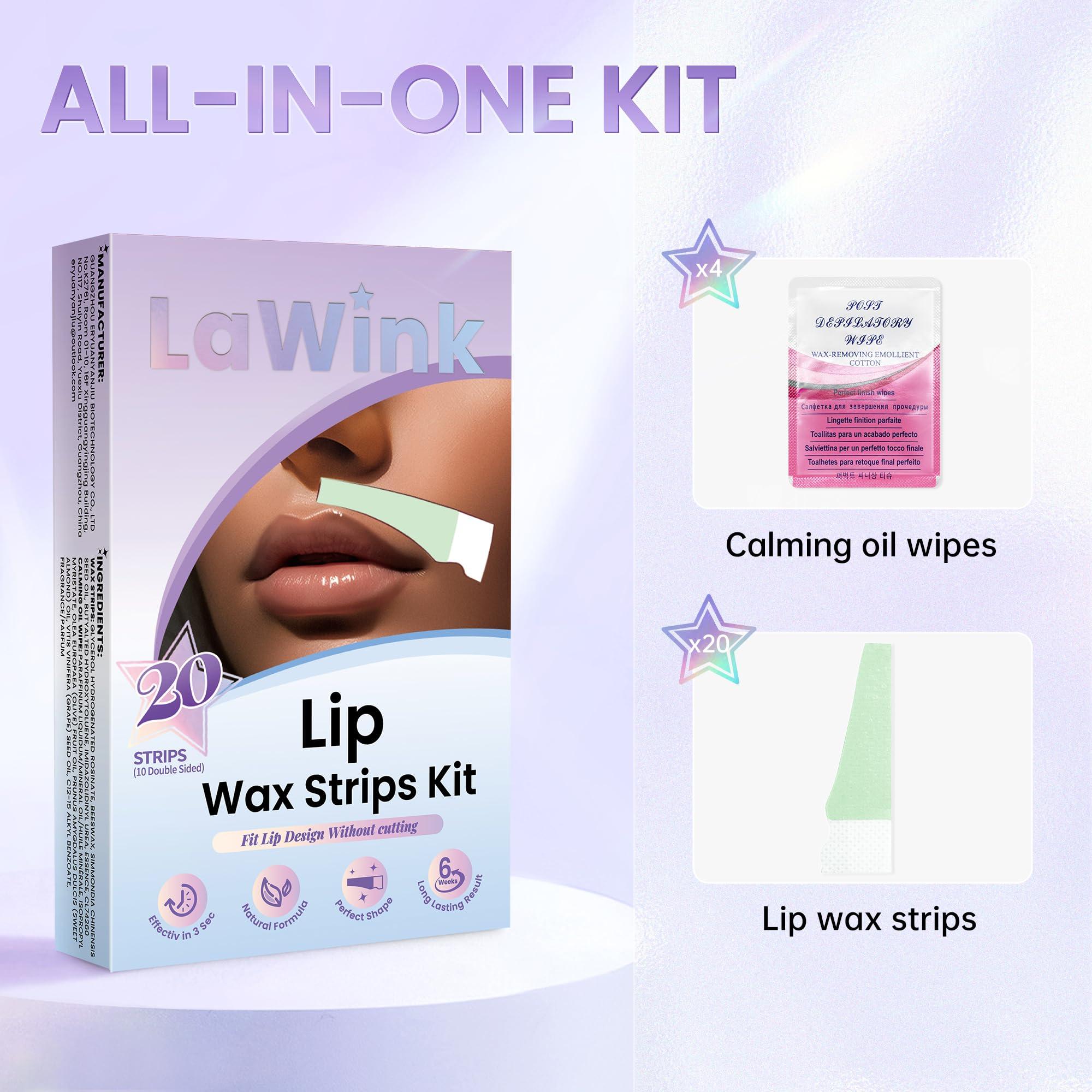 LaWink LaWink Lip Wax Strips Kit Cold Wax Strips Facial Hair Removal 20 Strips 4 Calming Oil Wipes for Sensitive Skin Types Women