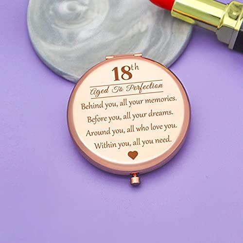 Jielahua 18th Birthday Gifts for Daugter Sister Granddaughter Niece Bestie, Rose Gold Travel Compact Mirror Gifts for 18 Years Old Girls, 18th Inspirational Birthday Gift for Girls, 18th Present for Her