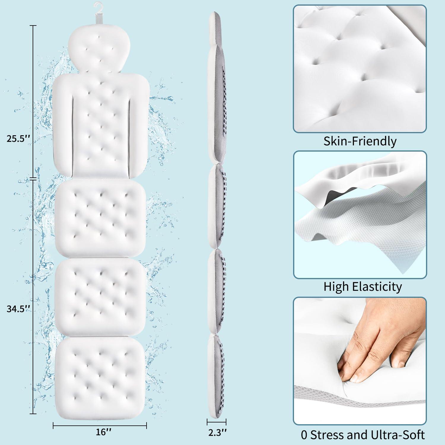 VOXOR Full Body Bath Pillow for Bathtub, Thick Bathtub Cushion with Laundry Bag, Luxury Tub Pillow for Bath for Headrest Neck and Back Support White 63\" x 16\"