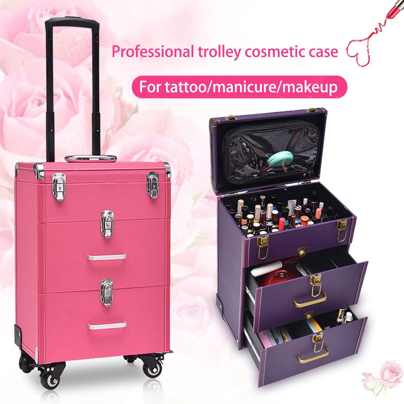 DWLOMHE DWLOMHE Rolling Makeup Train Case Cosmetic Train Case Large Vanity Case with Wheeled Organizer Travel Beauty Vanity Handle Case