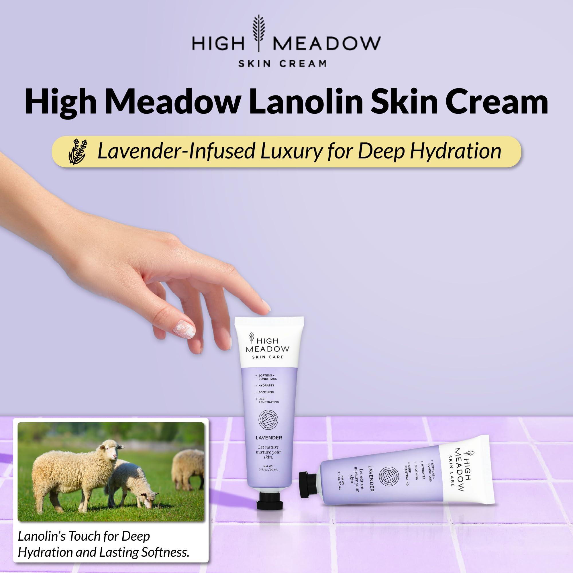 High Meadow High Meadow Lanolin Skin Cream - Deep Hydration Formula for Soft, Radiant Skin Care - Repairs Dry and Cracked Skin on Hands, Feet & Elbows - Multi-Purpose Soothing Lotion - 3.0 Oz Lavender Moisturizer