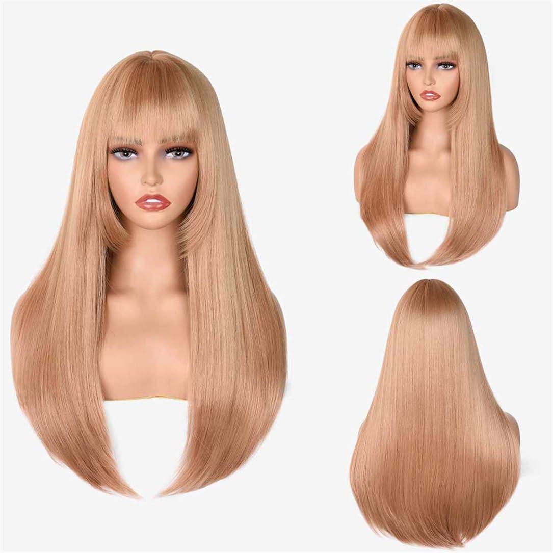 Adhdyuud Adhdyuud Women Long Straight Pink Wig Bangs Synthetic Wigs Platinum Blonde Heat Resistant Natural Hair Cosplay Wigs 18