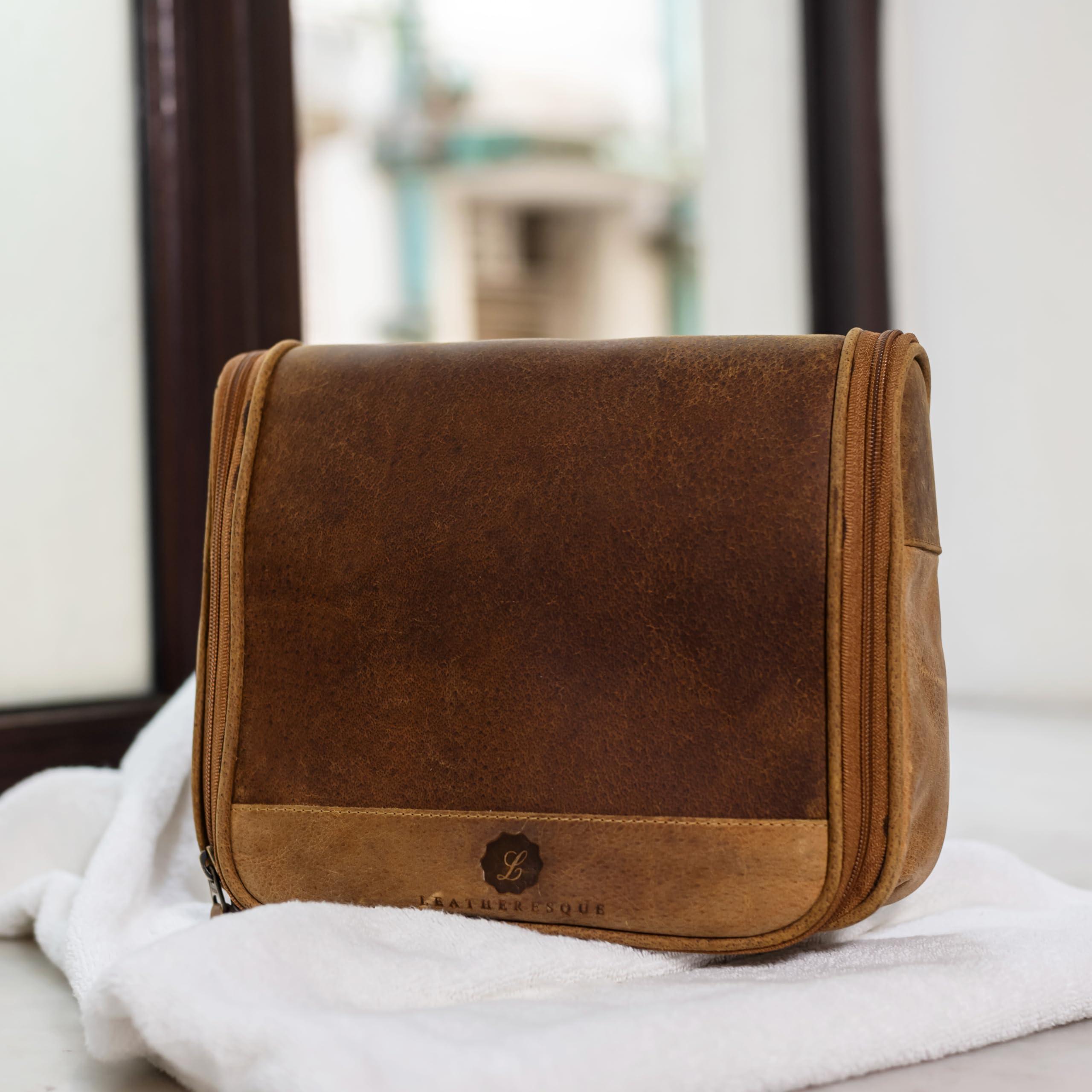 L LEATHERESQUE L LEATHERESQUE Lincoln Genuine Buffalo Pull-up Leather Hanging Toiletry Bag Dopp Kit Shaving Kit Cosmetics Bag Travel Case