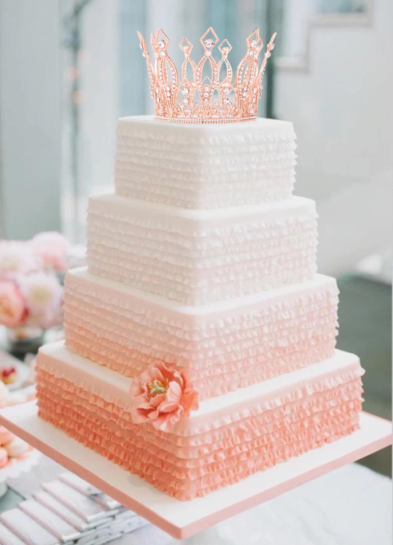 Vofler Crown Cake Topper, Vofler Rose Gold Tall Tiara Glinda The Good Witch Costume Women Wizard Crystal Decoration for Queen Lady Bride Princess Birthday Wedding Pageant Prom Homecoming Halloween Party