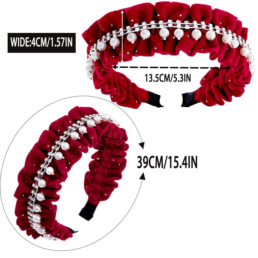 Coridy Coridy Red Headbands Pearl Headband Rhinestone Head Band wrinkle hairband Glittering Jewelry velvet Hair Hoop For Women (Red)
