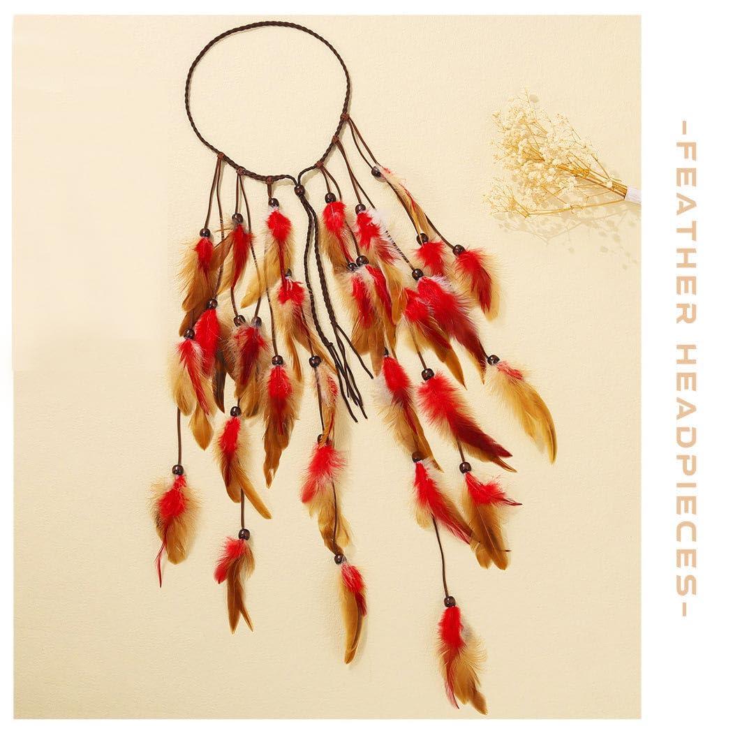 GORTIN GORTIN Boho Feather Headband Gypsy Costume Headdress Black Bohemian Hippie Headbands Indian Festival Hair Band Adjust Long Feather Headpiece Hair Accessory for Women and Girls (Red+Brown)