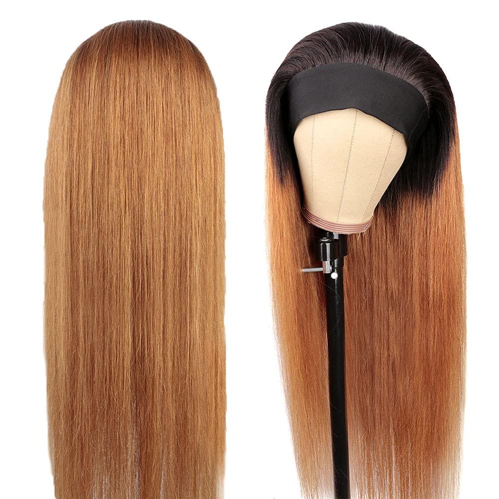 YiweYowe YiweYowe Brown Straight Headband Wigs Human Hair 1B30 Brown Ombre Wigs Medium Auburn Wigs Dark Root Glueless None Lace Wig 150% Density Brazilian Virgin Hair Machine Made Headband Wig 30 Inch