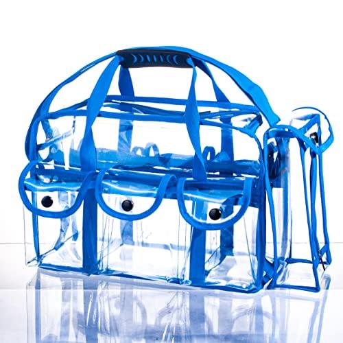 Tense Edano Wide Opening Large Professional Clear PVC Travel Makeup Artist Set Bag Cosmetic Nails Beauty Bag Transparent Vinyl Tool Organizer Work Bag Beach Bag Diaper Bag with 6 External Pockets & Strap (Blue)