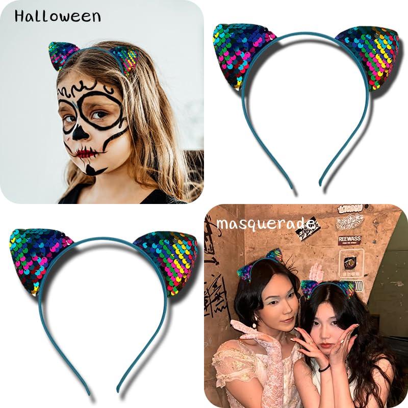 yaozeio yaozeio Halloween Bling Rainbow Hair Band Glitter Sequin Cat Ears Headbands Reversible Sequin Fabric Hair Band No Slip Elastic Head Bands Halloween Hair Accessries for Girls Women 2pcs