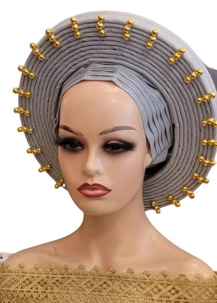Generic African Women Fashion Wedding Head Turban African Nigerian Head Wraps Plain Auto Gele Turban (Gray)