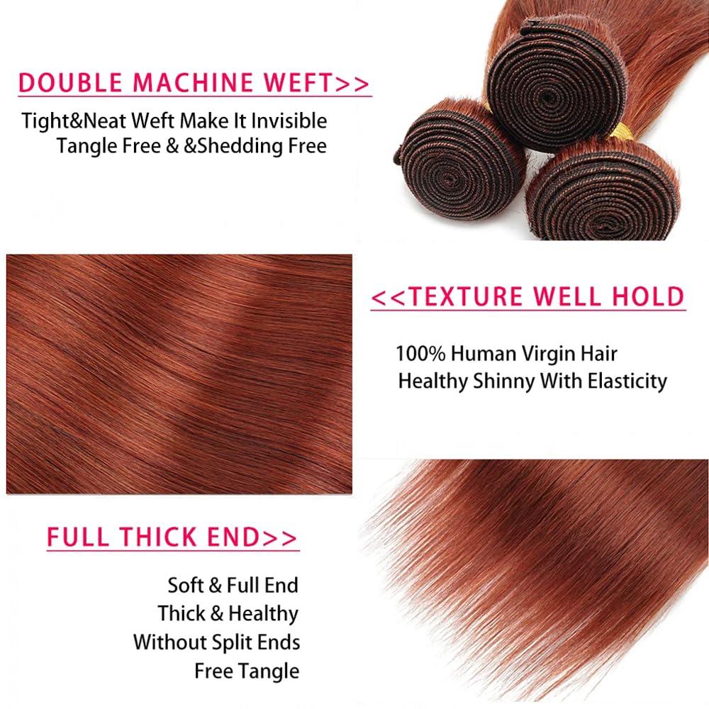 HuxoWax 26 28 30 Inch Copper Red Bundles Color #33 Straight Human Hair Bundles Brazilian Virgin Hair 3 Bundles Copper Brown Straight Bundles Human Hair Reddish Brown Bundles Hair Weave
