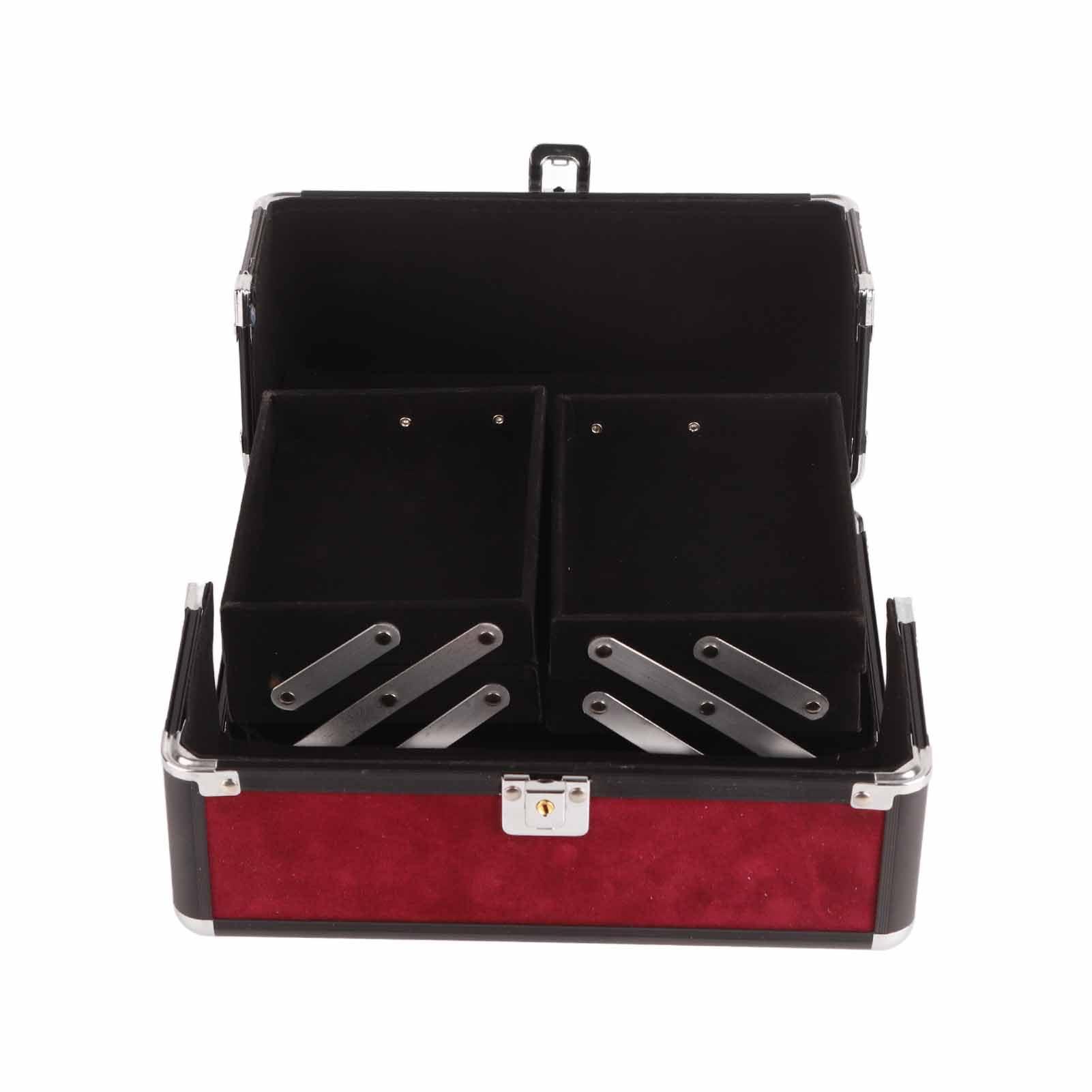 Dioche Large Makeup Case with High Capacity Storage with Lockable for Home Salon, Makeup Tools Traveling Makeup Case 25x17x17cm (Wine Red and Black Strip Black Bottom)