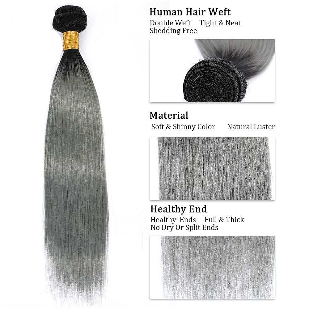 Freiuoke Grey Bundles Ombre Straight Human Hair Bundles 30 Inch Two Tone Dark Roots To Grey Bundles Human Hair Unprocessed Virgin Hair 1 Bundle Silver Bundles Hair Extensions
