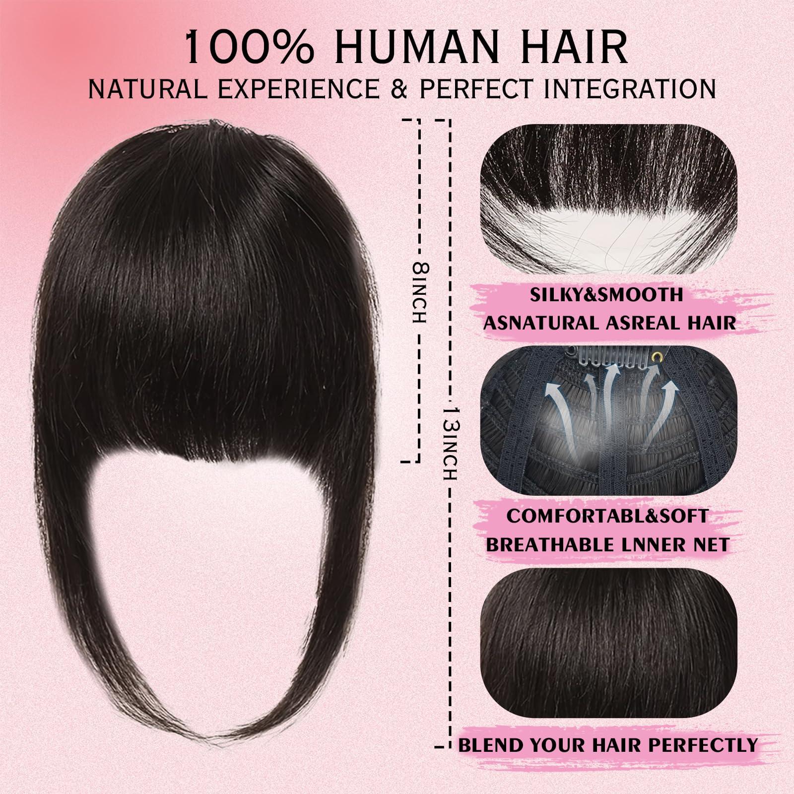 royaomis royaomis Clip In Bangs Real Human Hair - 100% Human Hair Bangs Clip On Bangs With Temples 3 Secure Clips In Full Fringe French Bangs
