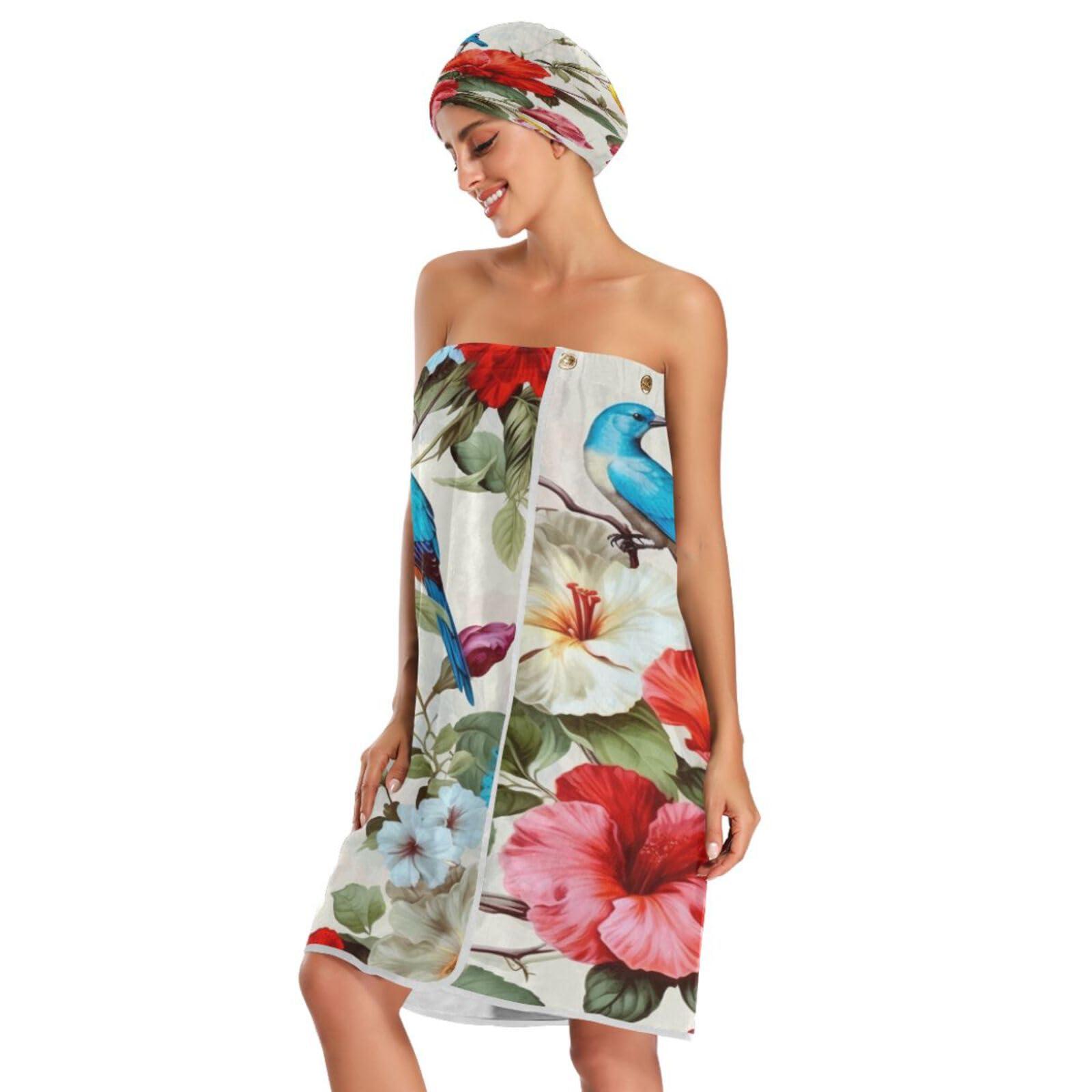 Bulletgxll Bulletgxll Floral with Birds Women's Shower Wrap Towel Set of 3 Adjustable Spa Body Wrap Super Absorbent Bathrobe with Hair Towel & Headband