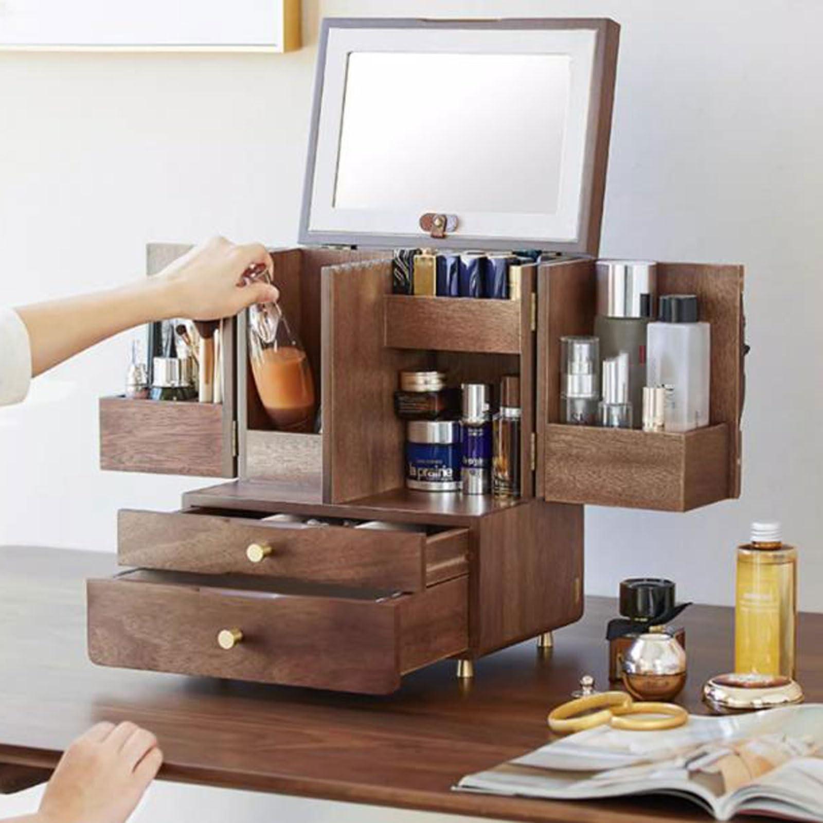 CLoxks makeup organizer Wood Makeup Cosmetic Storage Organizer Box Cabinet with Drawers and Makeup Mirror, Multi-Function Cosmetic Large Capacity Make up Shelf Cosmetics Organizer Box, for Skincare, Lipstick