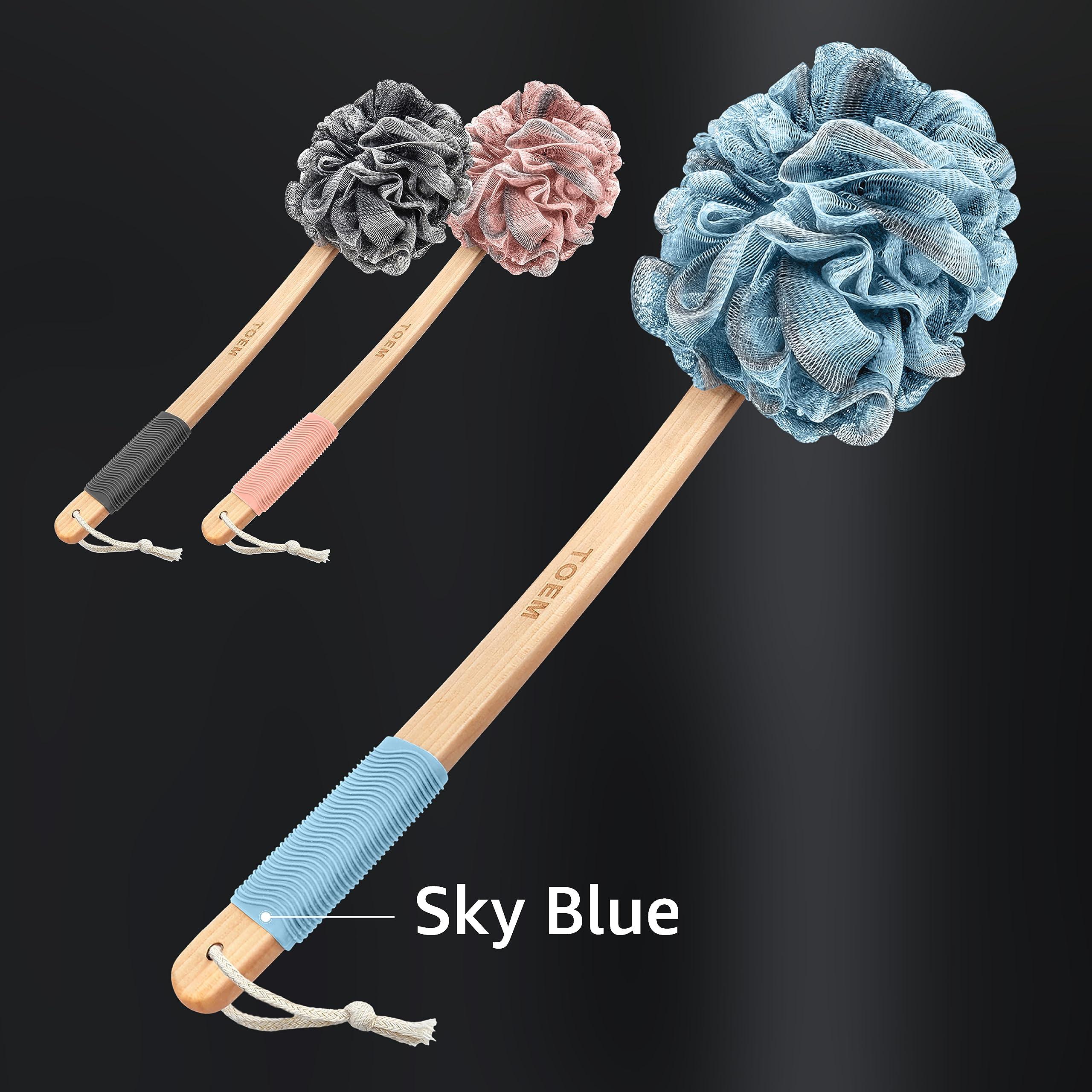 toem Toem Loofah Back Scrubber for Shower | Bamboo Charcoal Fiber Infused | Loufas for Men & Women | Includes 1 Long Handled Shower Sponge, 1 Bath & Shower Luffa Pouf & 1 Hook to Hang Stuff (Sky Blue)