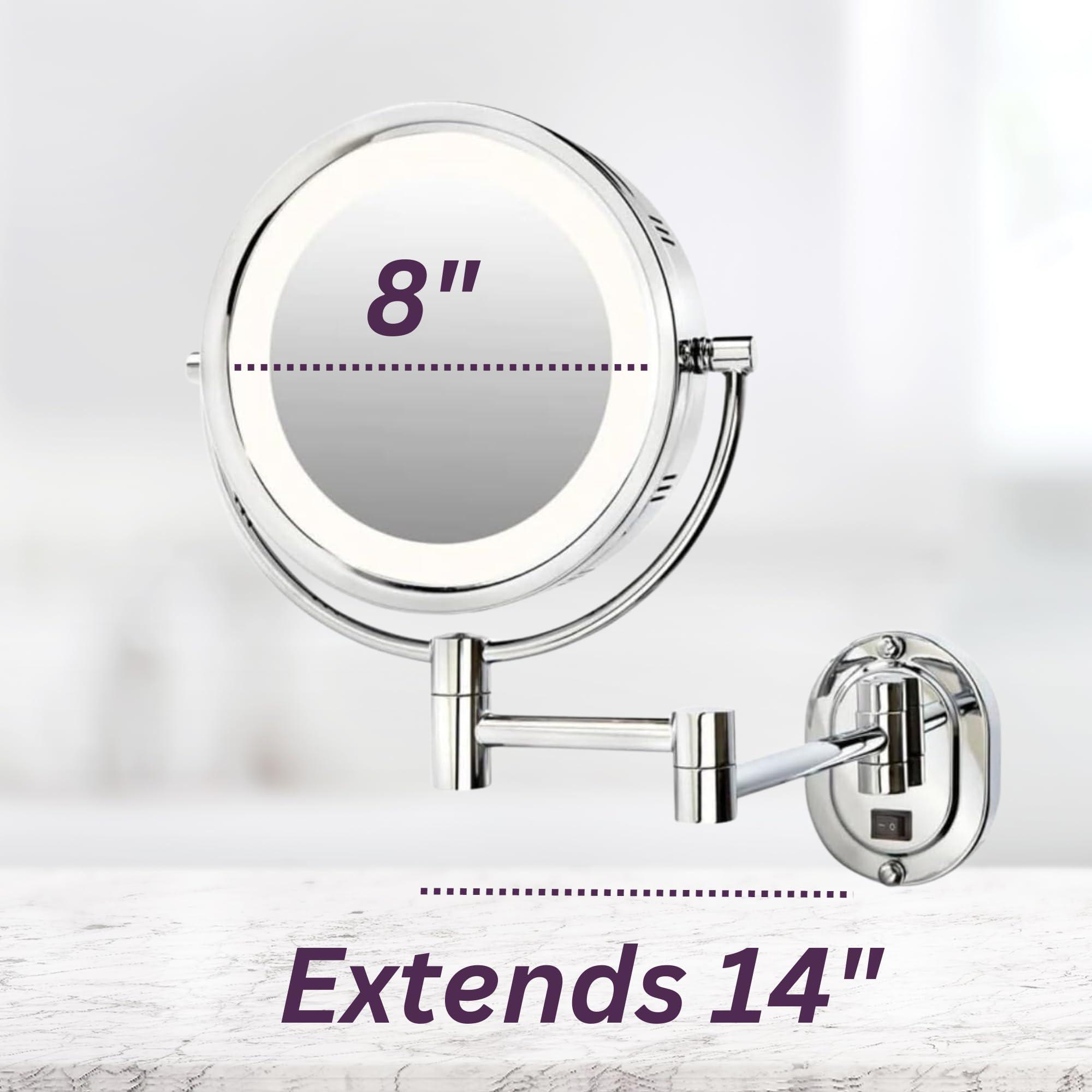 Jerdon JERDON Wall-Mounted Chrome Makeup Mirror with LED Lighting  5X-1X Magnification & 14 Extension - Direct Wire - Model HL65CD