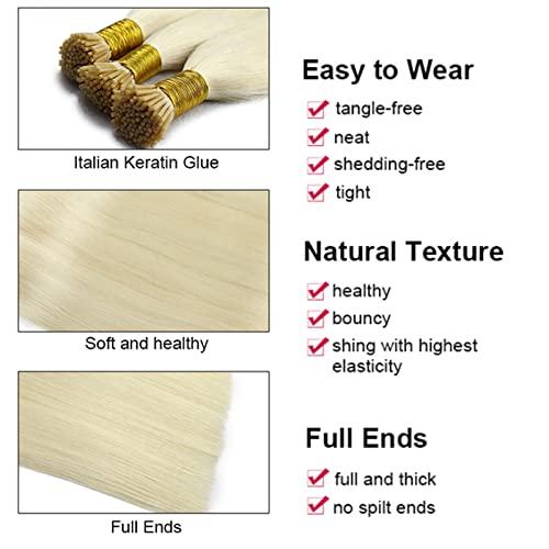 Belaved Belaved I Tip Hair Extensions Human Hair 26 inch Straight Stick I Tips Hair Extensions Platinum Invisible Glue Blonde #60 Keratin Pre Bonded Fusion Hair Extensions for Women 100 Strands/Pack 50G