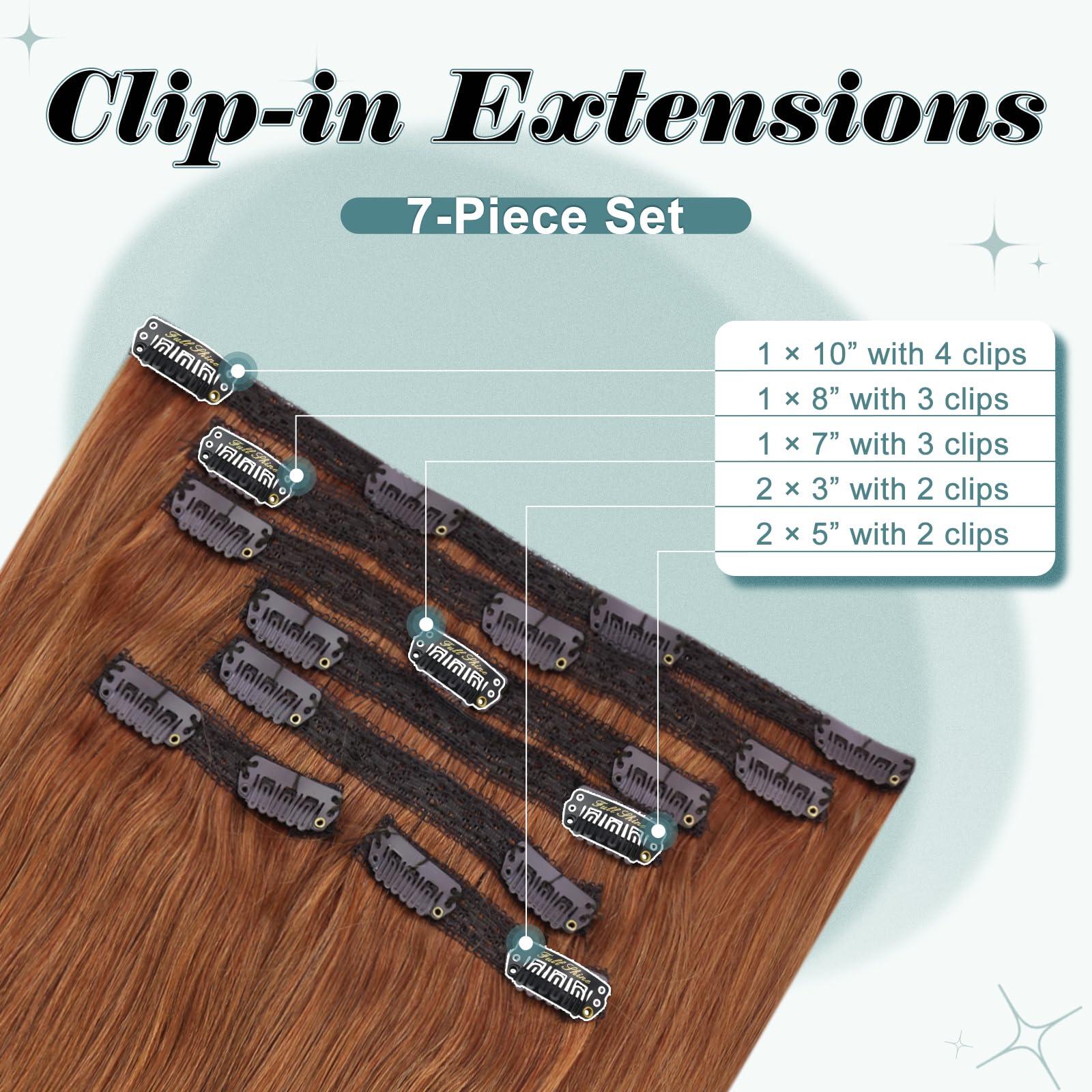 Full Shine Fulll Shine Copper Hair Extensions Clip in Hair Extensions Real Human Hair Remy Hair Copper Red Hair Extensions for Women Natural Hair Extensions 7 pcs 20inch 120G