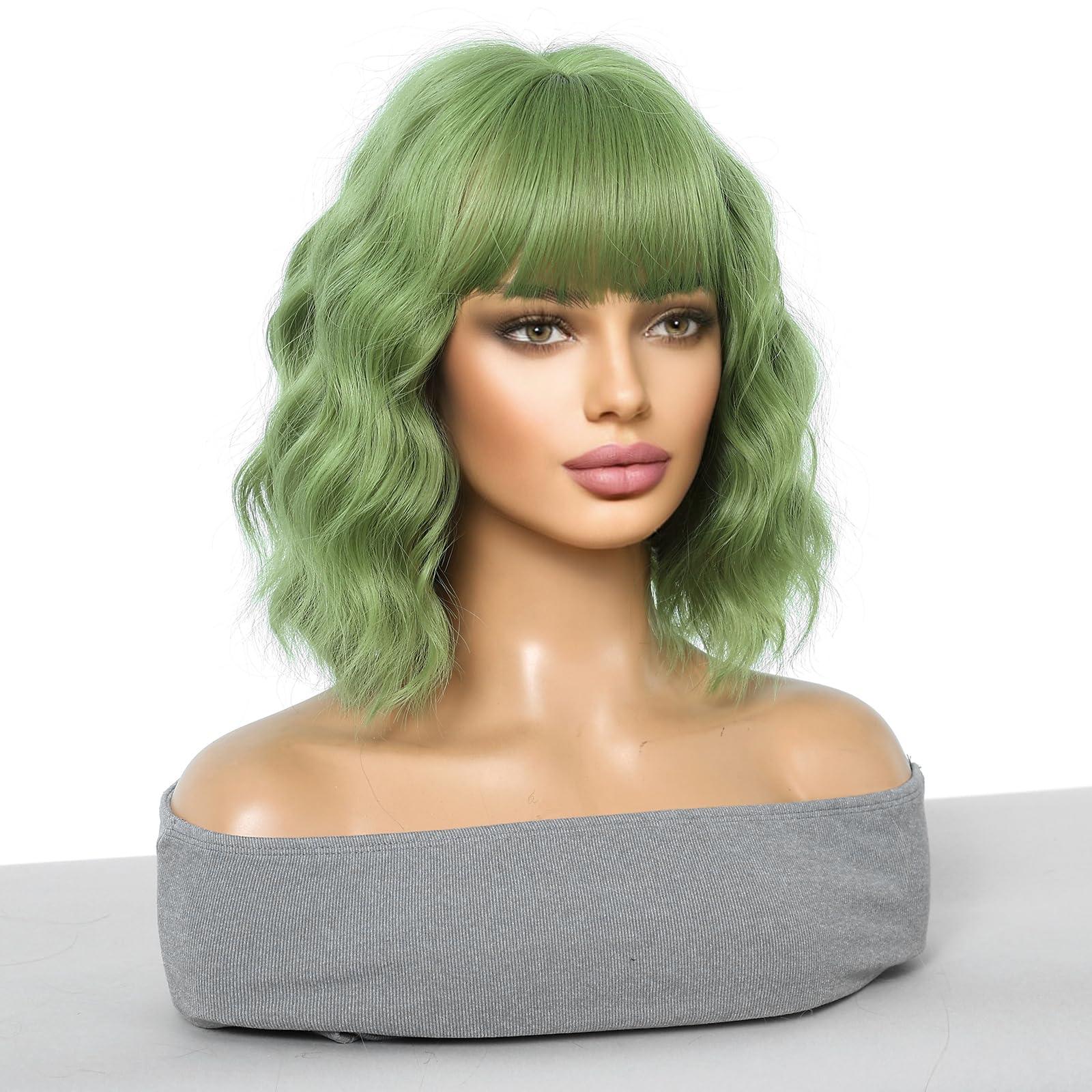 incohair incohair Green Wigs matcha green Wig with Bangs Women Girls Short Curly Wavy Bob Wig Shoulder Synthetic Party Wigs Wig Cap Included (matcha green)
