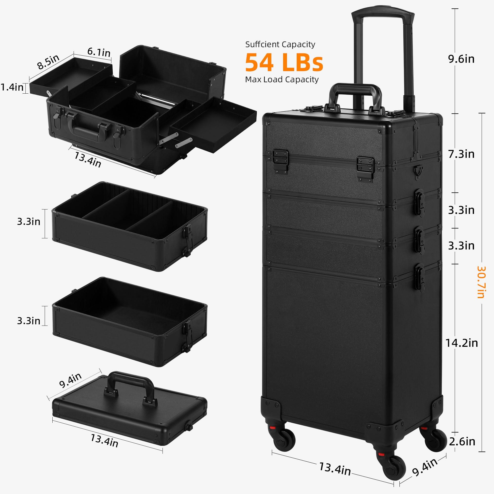 Somduy Somduy Rolling Makeup Case, Makeup Train Case with Lid, 5 in 1 Cosmetology Case on Wheels, Christmas Gift, Large Makeup Case Organizers, Profesional Cosmetic Case for Salon Barber, Black