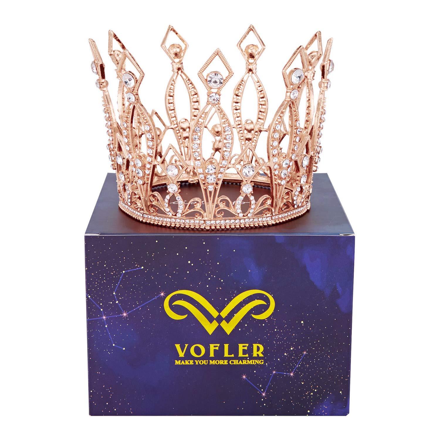 Vofler Crown Cake Topper, Vofler Rose Gold Tall Tiara Glinda The Good Witch Costume Women Wizard Crystal Decoration for Queen Lady Bride Princess Birthday Wedding Pageant Prom Homecoming Halloween Party