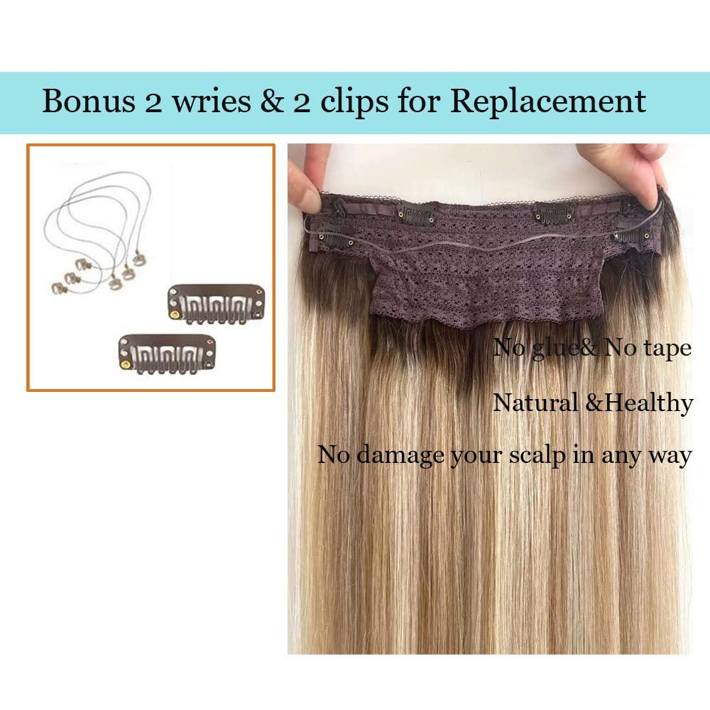 SUNFA Halos Hair Extensions, Fish Line Hair Extensions, Wire Extensions Human Hair,14Inch 70g Ombre Balayage Ash Brown to Dirty Blonde and and Platinum Blonde Highlights Straight Hairpiece Flip in Hair Extensions Clip in Extensions with Invisible Fish Line