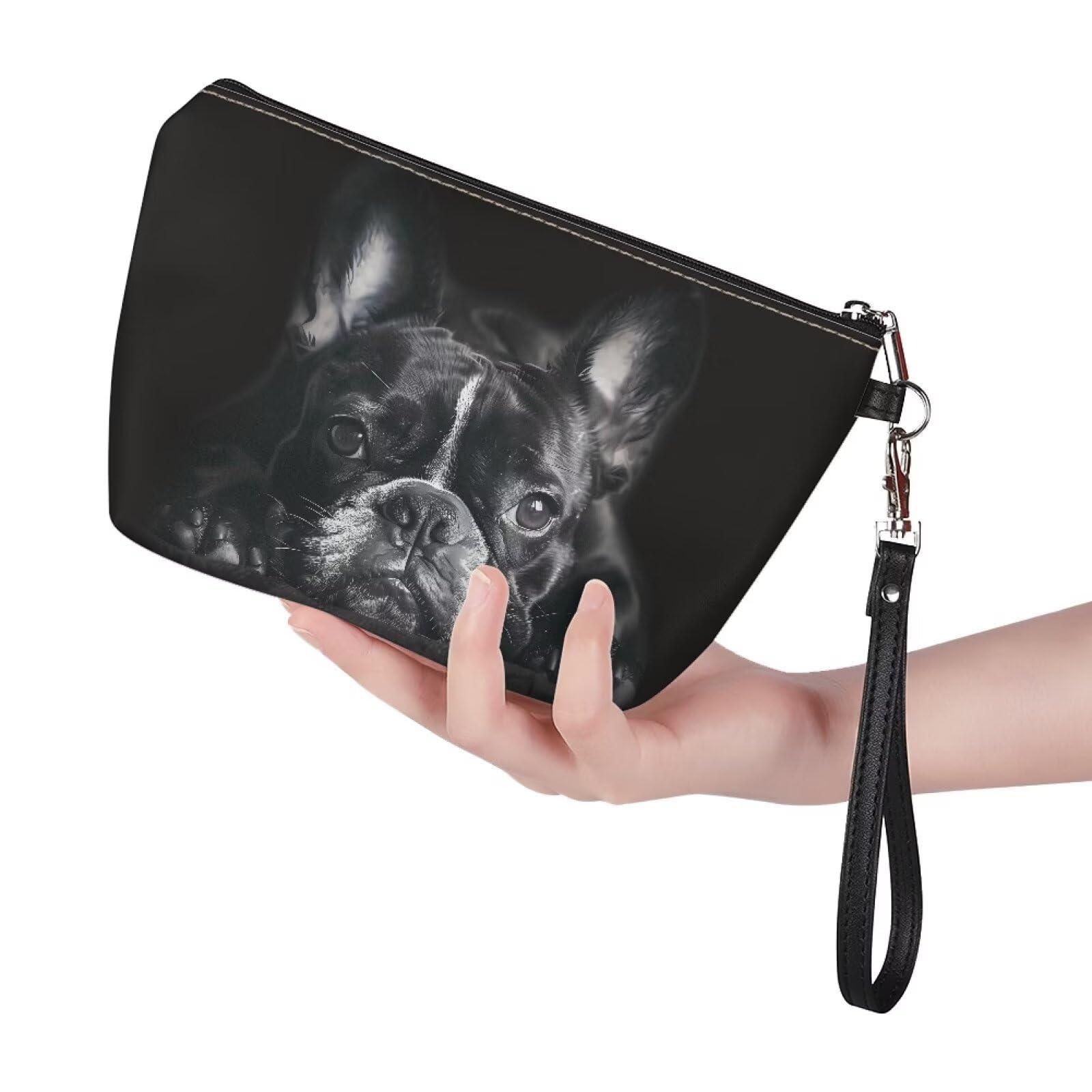 HUGS IDEA HUGS IDEA Black French Bulldog Print Leather Makeup Bag for Purse Makeup Pouch with Zipper Cute Toiletry Storage Bag Small Pouch Gift