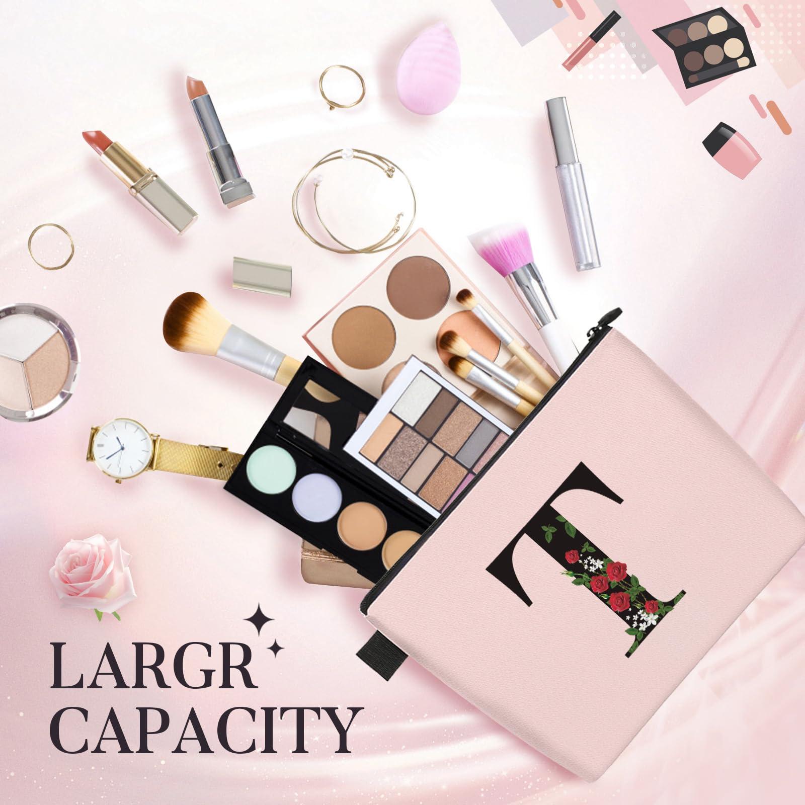 YESMET Personalized Makeup Bag, Initial Letter T Makeup Bag for Women Girl Christmas Gift Monogram Cosmetic Bag Pink Personalized Toiletry Pouch, For Mom Grandma Sister Friends Thanksgiving Christmas Gift