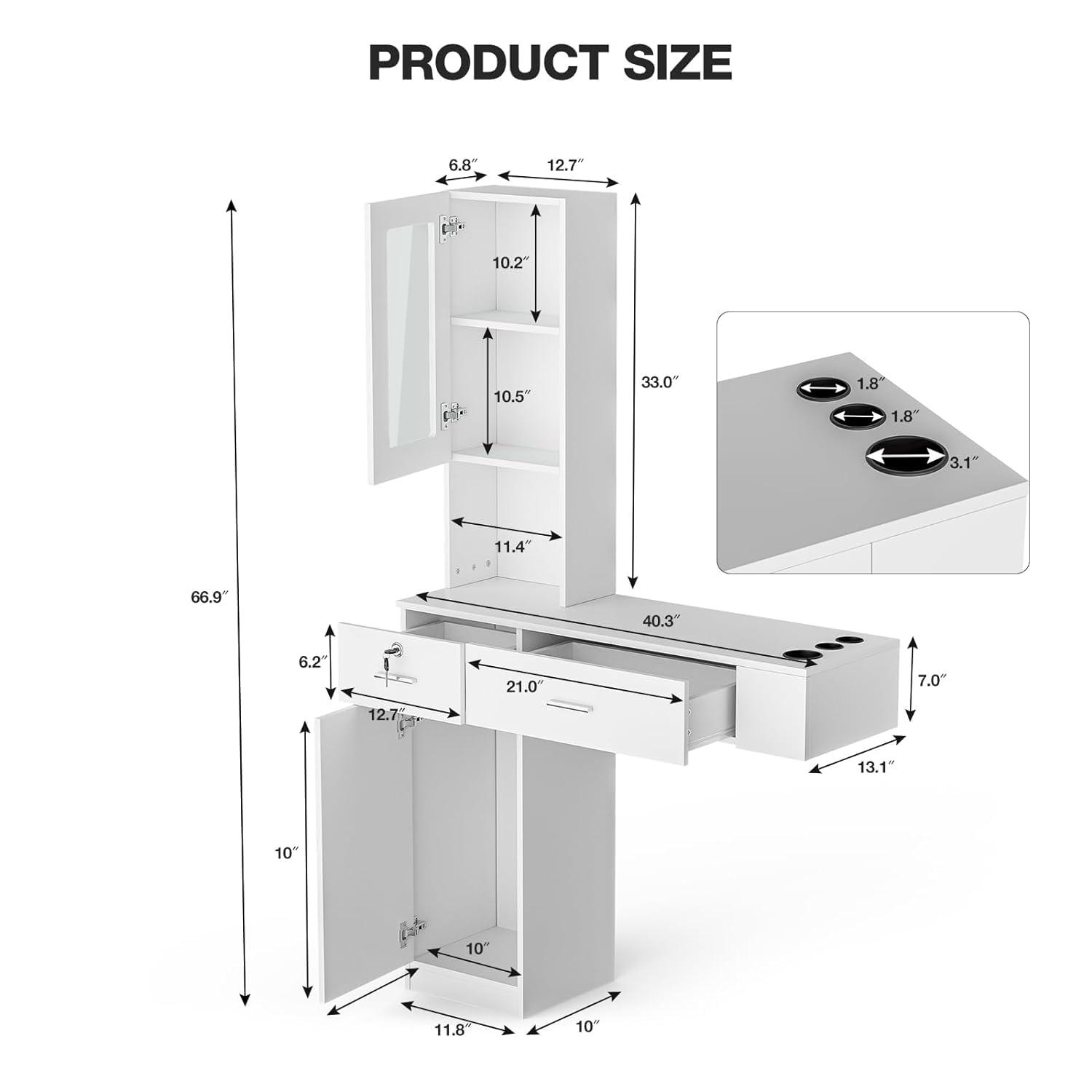 LNRLZYLS LNRLZYLS Barber Salon Station, Wall Mounted Barber Workstation, Home Beauty Salon Set with Storage Cabinet, 2 Drawers and 3 Open Shelves with Glass Doors White