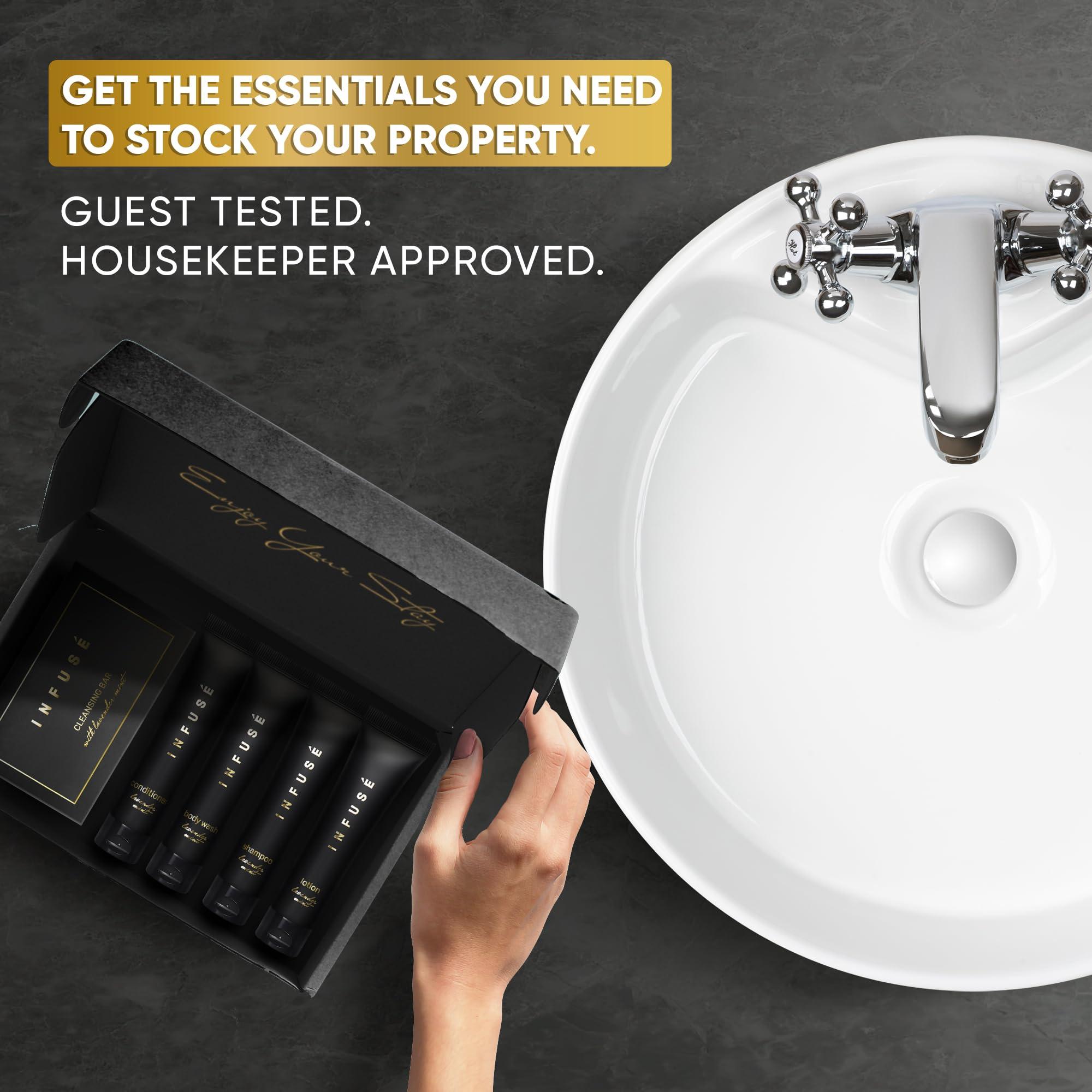 INFUS Infuse Black Amenity Kit | Boxed Hotel Toiletries | Bulk Set 1 oz Travel Size Shampoo, Conditioner, Lotion, Body Wash & Cleansing Bar for Guest Hospitality AirBnB/Vacation Rentals | 75 Pieces