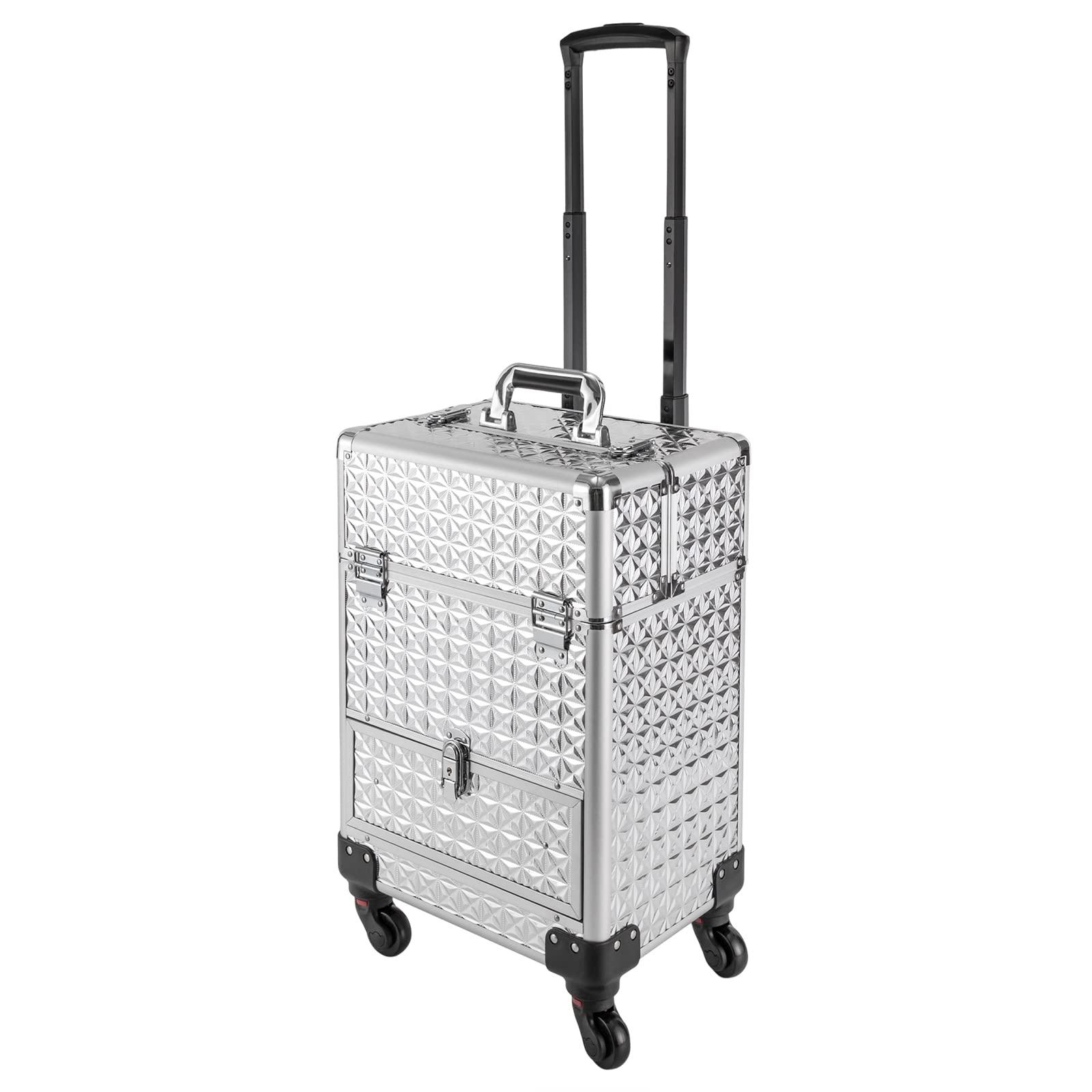 KJNHhugH KJNHhugH Professional Makeup Case Trolley, Rolling Nail Case Wheeled Manicure Storage Case Cosmetic Trolley Cosmetologist Stylist Case for Studio or Travelling, 13.4x9.8x18.5Inch (Sliver)