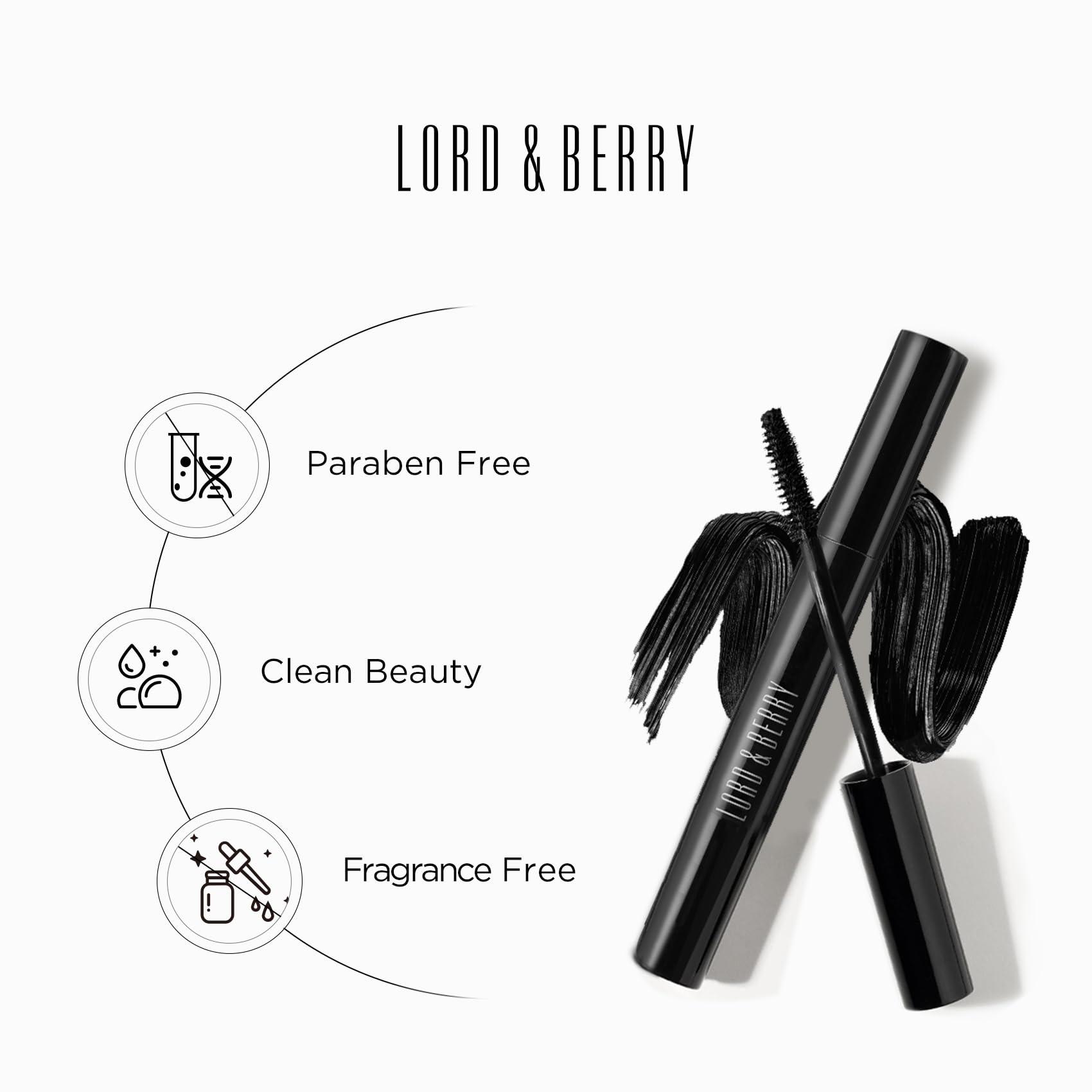 LORD & BERRY Lord & Berry Splashproof Longwear Waterproof Lash Mascara - Black for Volume and Length, False Lash Effect Long Lasting Eye Makeup, Enriched with Olive Oil, Vegan, Cruelty Free, 0.28 oz, Deep Black