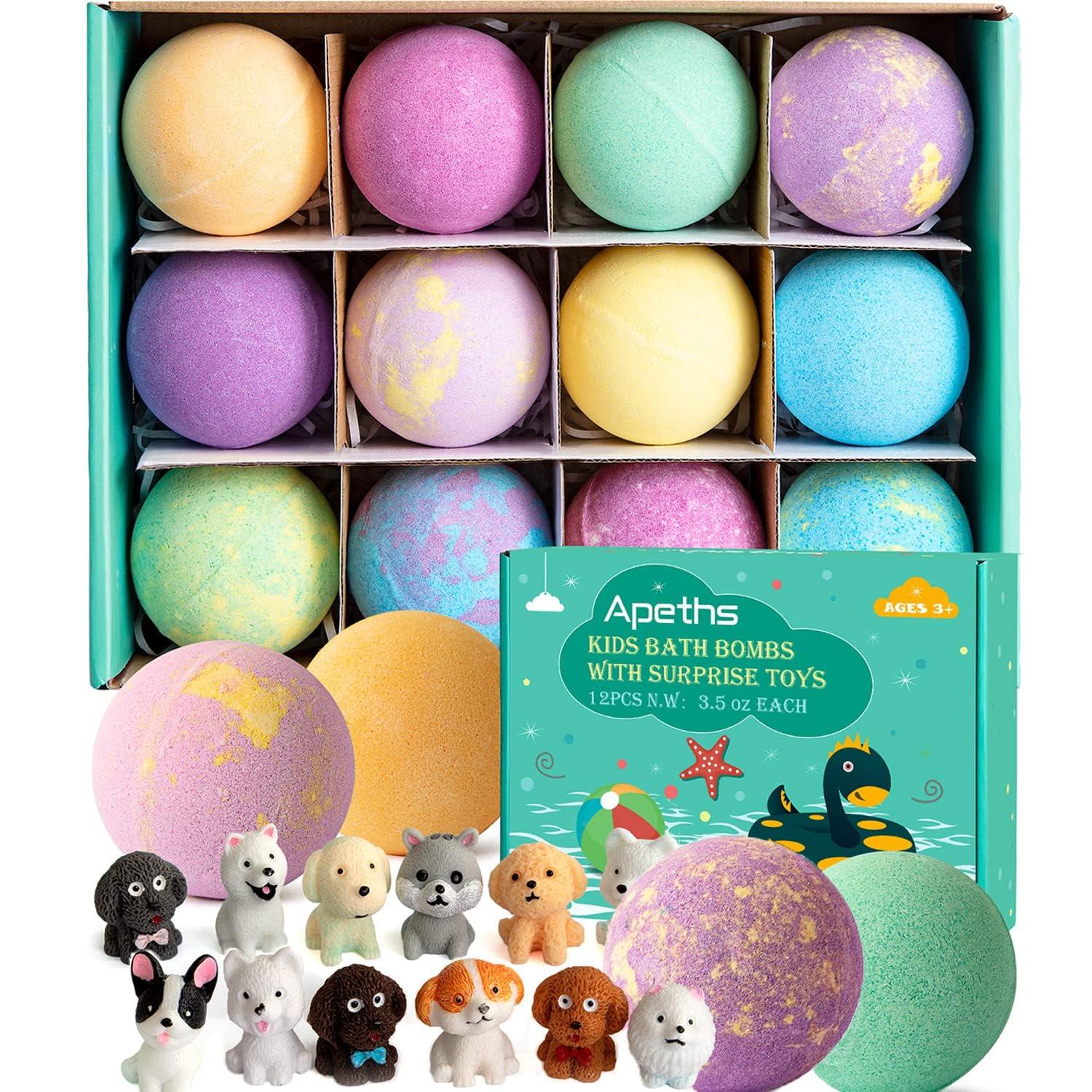 APETHS Bath Bombs for Kids with Surprise Toys Inside, Set of 12 XXL 3.5oz Large Bath Bomb Gift Set, Kids Safe Handmade Fizzy Balls Kit Organic Bubble Bath Bomb Great Gift for Birthday Day, Christmas