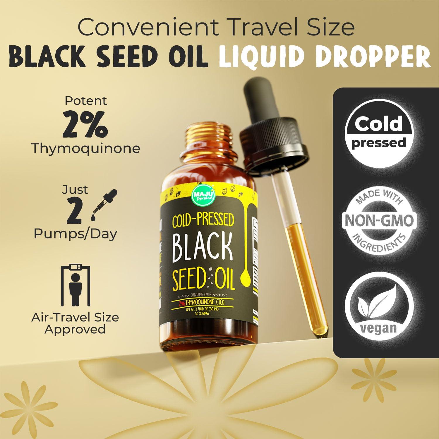 Maju Superfoods Maju Superfoods Black Seed Oil - 3 Times TQ, Cold-Pressed, Travel Size, 100% Turkish Black Cumin Seed Oil, Liquid Pure Blackseed, Glass Bottle, 2 Oz