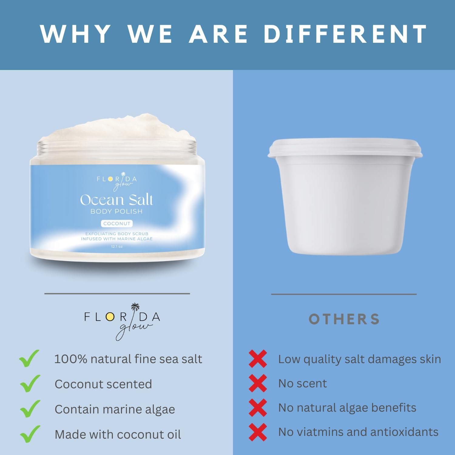 Florida Salt Scrubs Sea Salt Body Scrub by Florida Suncare - Ocean Salt Body Polish Infused with Marine Algae - Exfoliating Face and Body Scrub - Facial Scrub Exfoliator to Tackle Acne (Coconut, 3.3 oz)