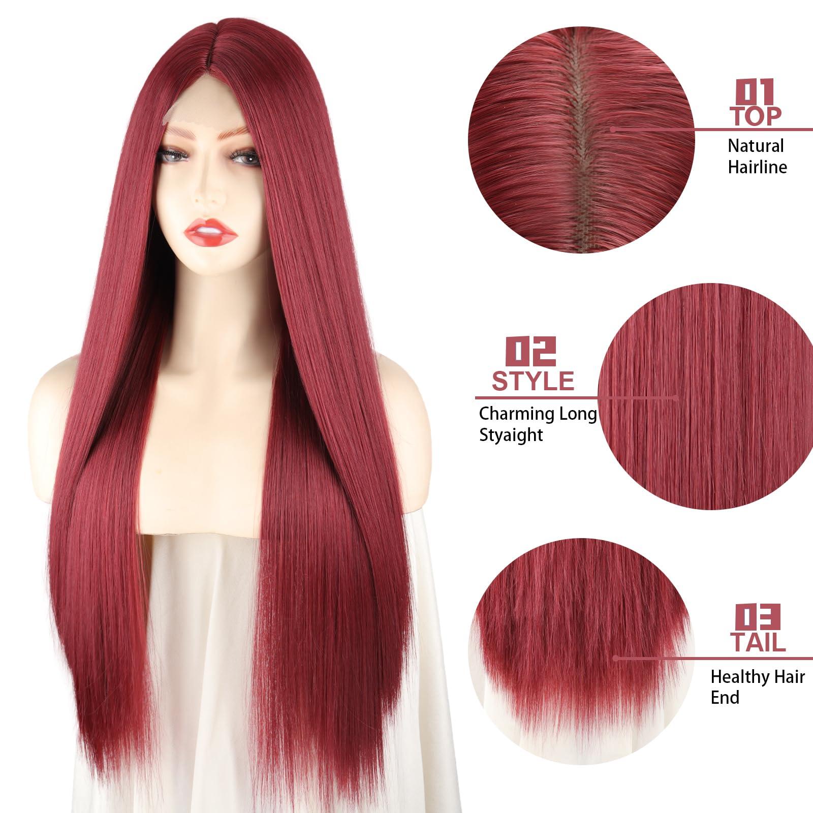 Xinran Xinran Wine Red Wigs For Women Long Straight Red Wig Middle Part Synthetic Wig Nature Looking Wine Red Wig 30 Inches for Cosplay Halloween Party