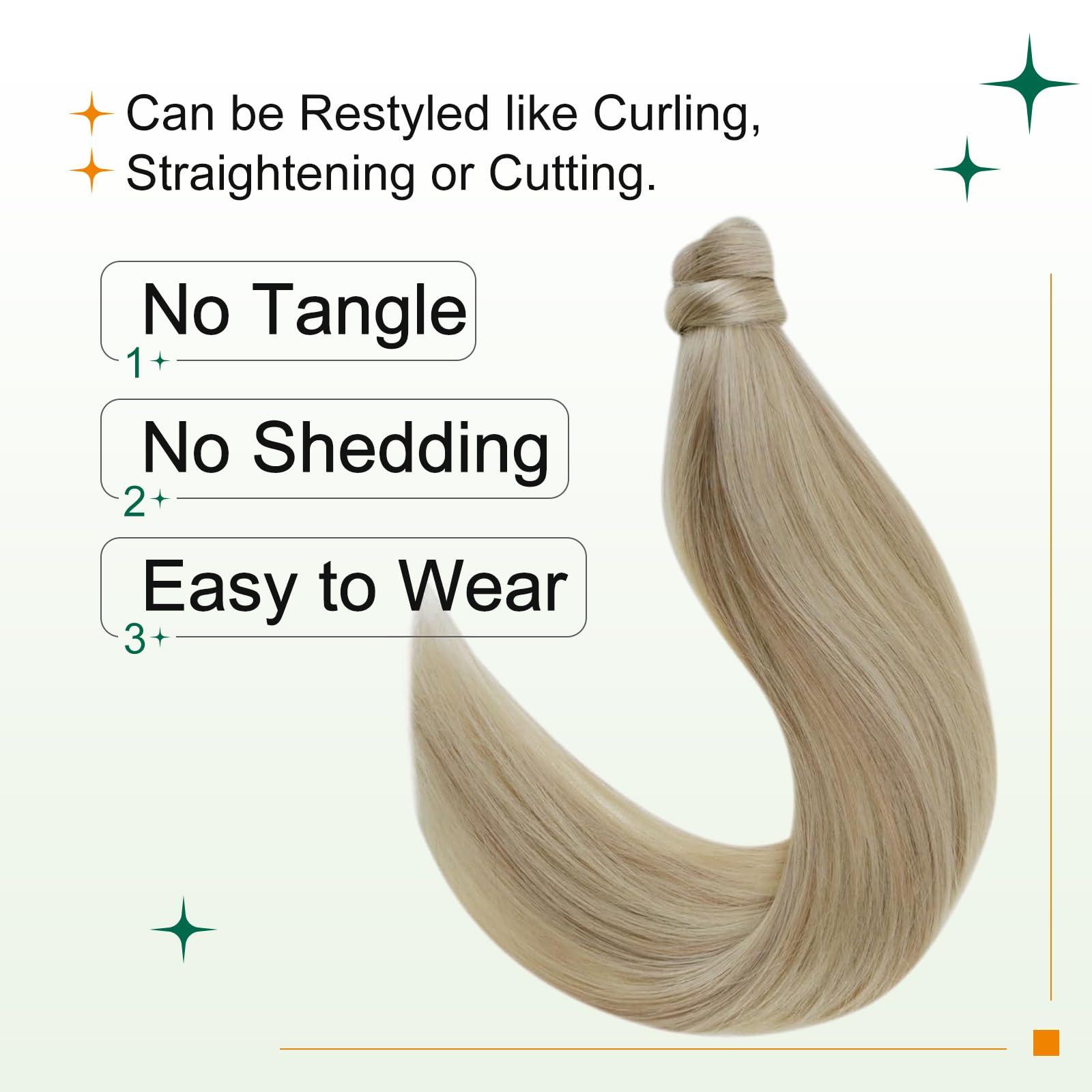 Easyouth Easyouth Blonde Ponytail Extension Human Hair Natural Pony Tails Hair Extensions Golden Blonde with Bleach Blonde Highlighted Human Hair Ponytail Extensions for Women 18Inch 80g