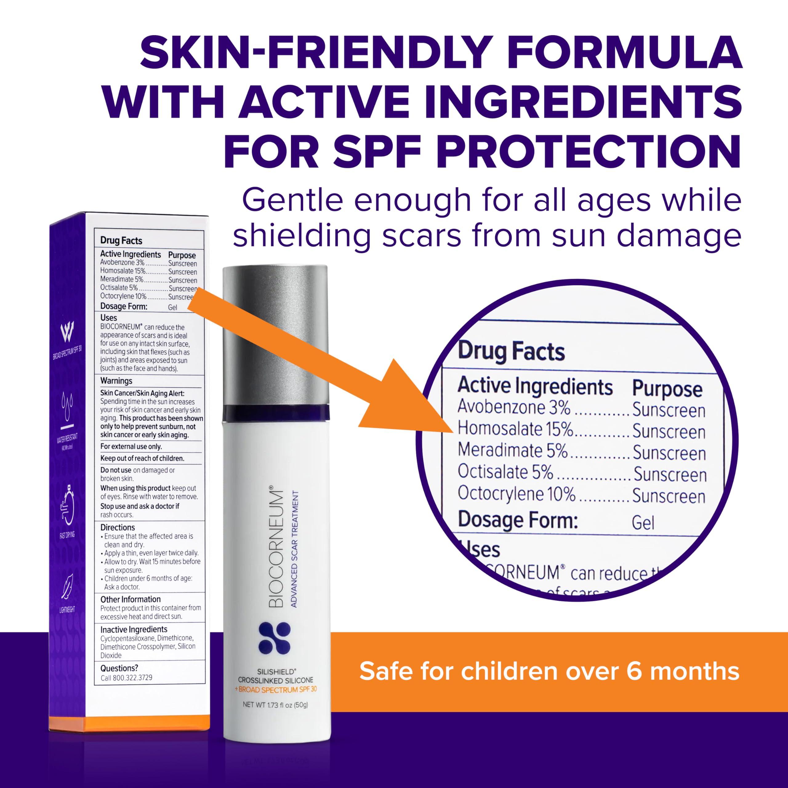 bioCorneum Advanced Scar Treatment with Silishield & SPF 30 20g Made in the USA, Fast-Drying, Water-Resistant Silicone Scar Gel - Surgeon Recommended for New & Old Scars - Suitable for Children Over 6 Months