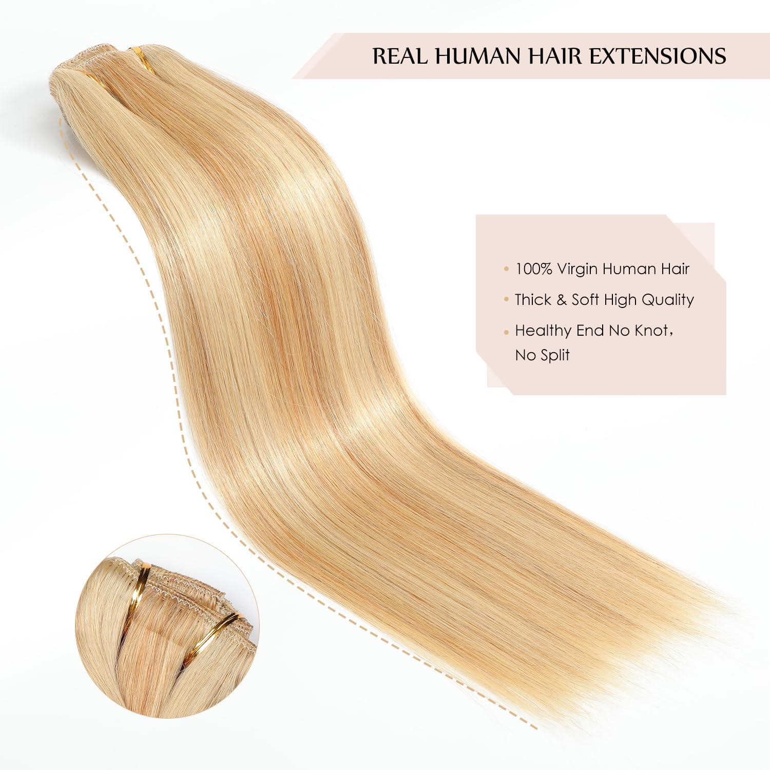 Sisily Sisily Clip in Hair Extensions Real Human Hair, 140g 7pcs Human Hair Clip in Hair Extensions Blonde, Hair Extensions Real Human Hair Clip ins 16 Inch Straight Double Weft