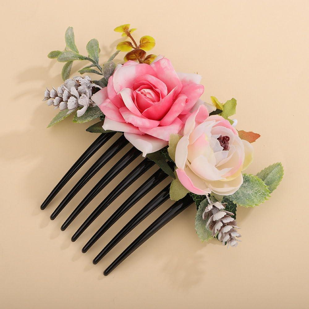 Teyglen Teyglen Bridal Flower Hair Comb Floral Artificial Flower Side Comb Bridal Hair Clip Pieces Headpiece Wedding Hair Accessories for Women Bride Photo Shoot Prom Party Festival (Style 1)